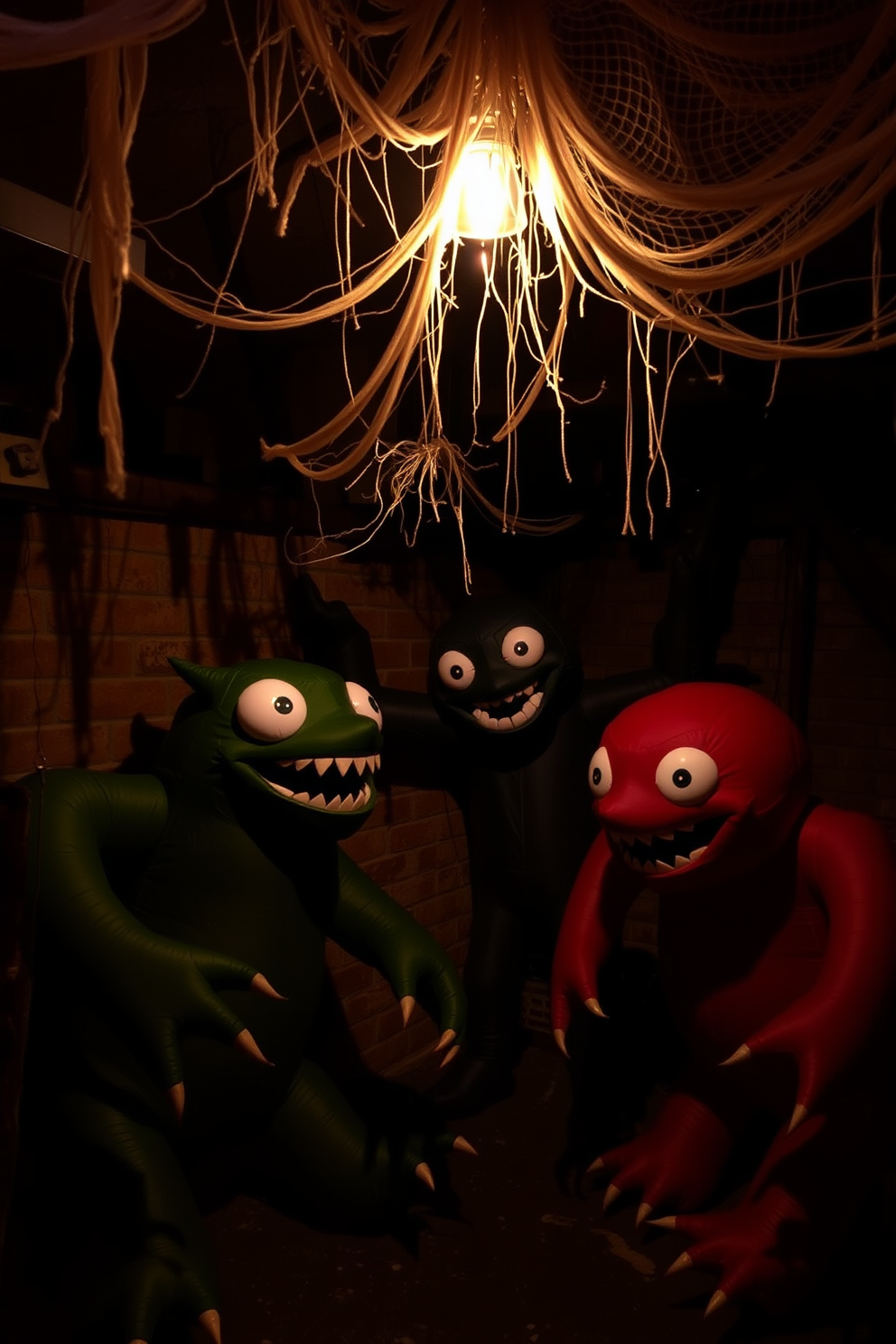 Giant inflatable monsters loom in the corners of a dimly lit basement, casting eerie shadows on the walls. The space is transformed into a whimsical yet spooky atmosphere, with cobwebs draping from the ceiling and flickering lights enhancing the festive Halloween spirit.