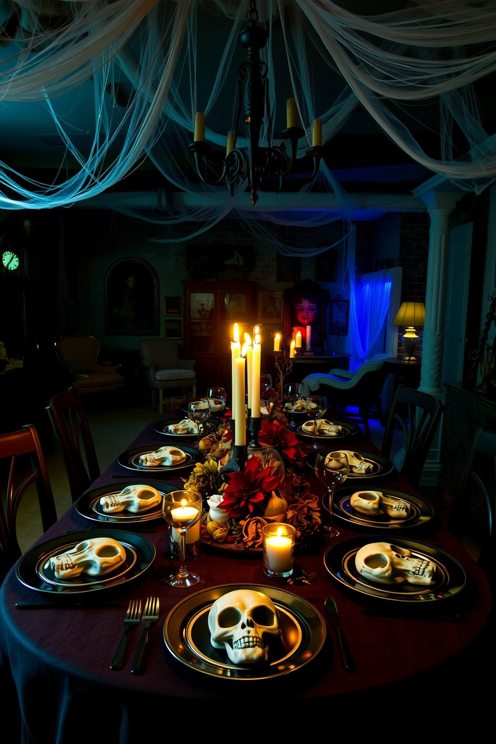 Themed table settings featuring skull plates create an eerie yet elegant dining experience. The table is adorned with dark linens, flickering candlelight, and autumnal centerpieces to enhance the Halloween atmosphere. The basement is transformed into a spooky retreat with cobwebs draping from the ceiling and dim lighting casting haunting shadows. A mix of vintage furniture and Halloween-themed decor adds character, making the space perfect for gatherings or celebrations.