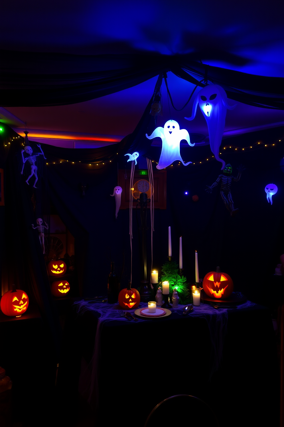 A spooky basement setting adorned with glowing decorations for Halloween. The walls are draped with black fabric, and eerie black lights cast an otherworldly glow over the space. Pumpkins with carved faces illuminate the corners, while ghostly figures hang from the ceiling. A dark-themed table is set with cobwebs, candles, and creepy props to enhance the festive atmosphere.