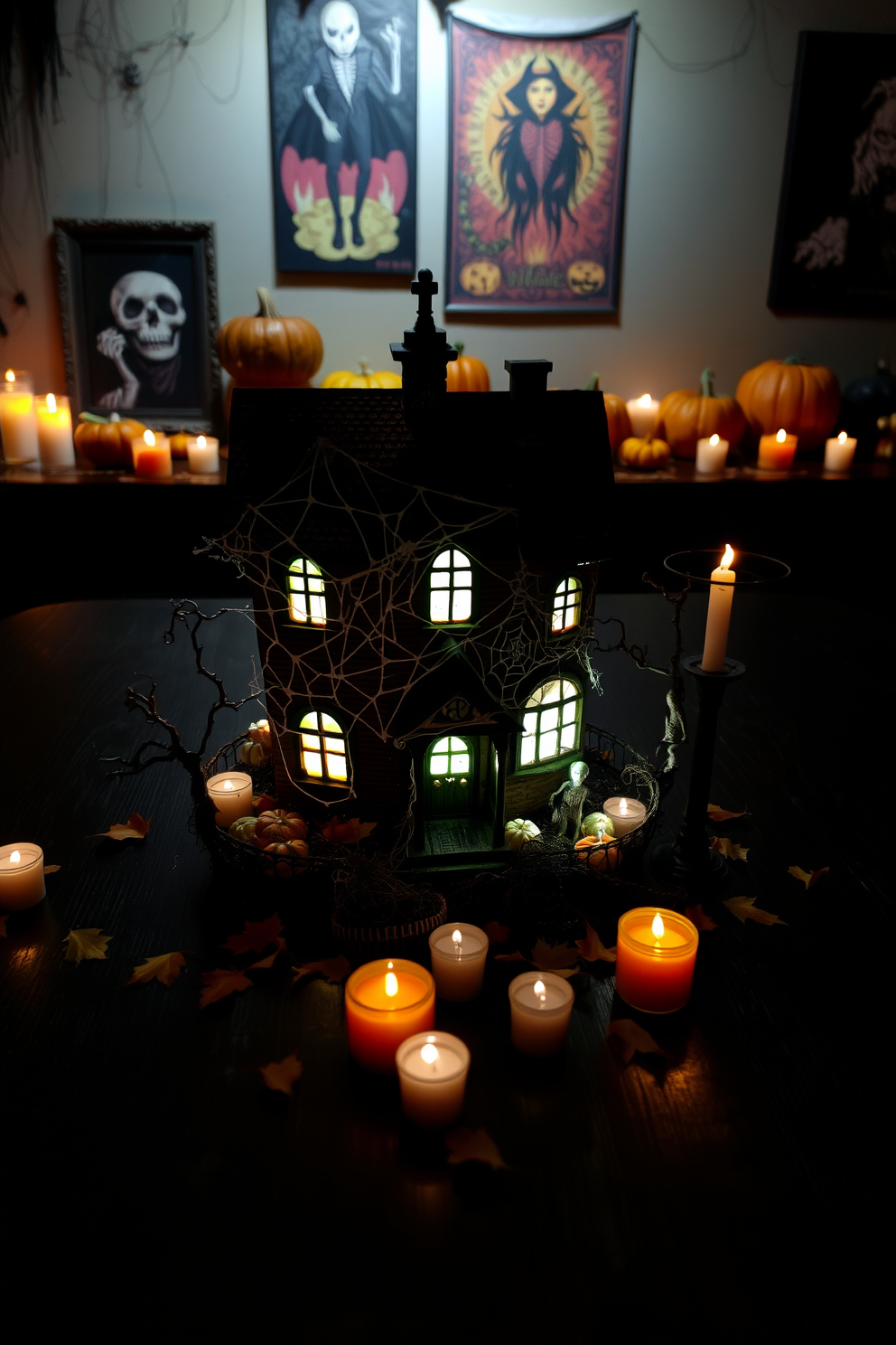 A miniature haunted house centerpiece sits on a dark wooden table, surrounded by flickering LED candles that cast eerie shadows. The house features intricate details such as cobwebs, tiny skeletons, and glowing windows that create a spooky atmosphere. In the background, a collection of small pumpkins and autumn leaves adds a festive touch to the Halloween theme. The basement walls are adorned with spooky artwork, and dim lighting enhances the overall haunting vibe.