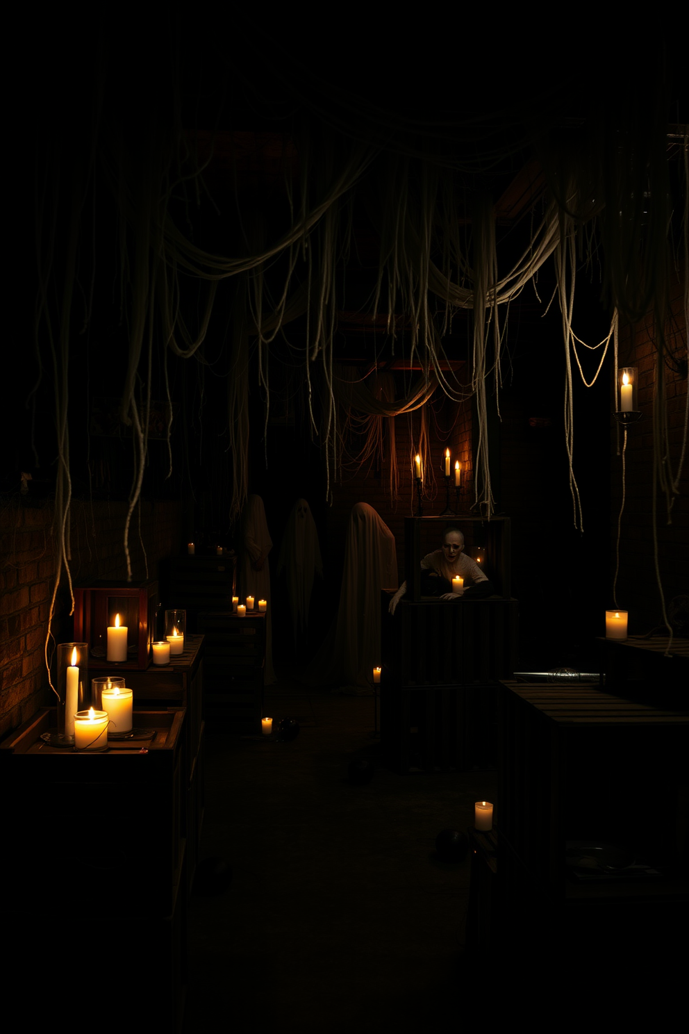 A dimly lit basement filled with eerie shadows. Creepy cobwebs drape from the ceiling and cling to every corner, creating a haunting atmosphere. Old wooden crates are scattered around, filled with spooky decorations. Flickering candles cast an unsettling glow, illuminating ghostly figures lurking in the dark.