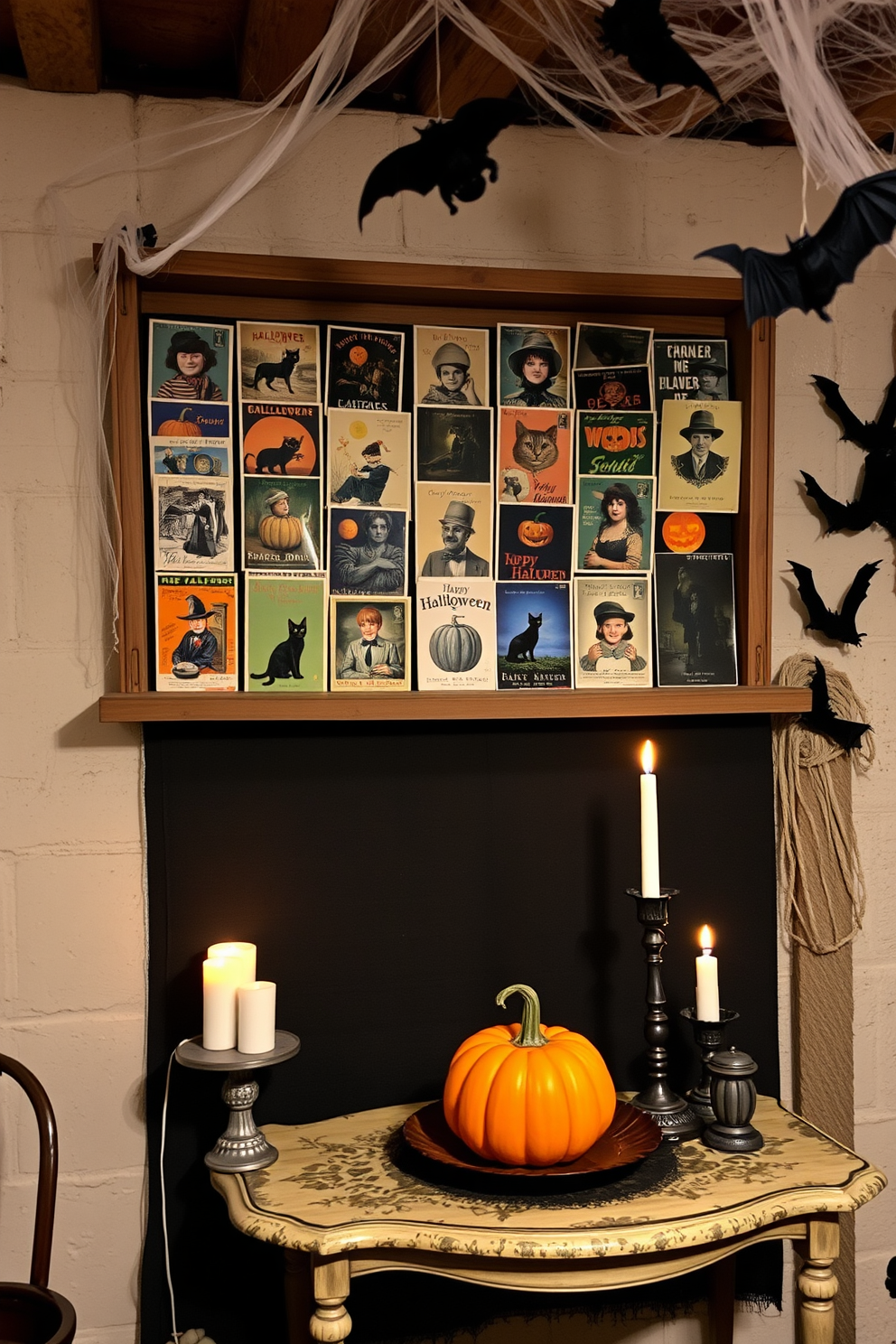 A collection of vintage Halloween postcards is artfully displayed on a rustic wooden shelf. The postcards feature classic Halloween imagery, including witches, pumpkins, and black cats, creating a nostalgic atmosphere. The basement is decorated with spooky elements such as cobwebs, dim lighting, and hanging bats. A vintage table is adorned with a pumpkin centerpiece and flickering candles, enhancing the eerie charm of the space.