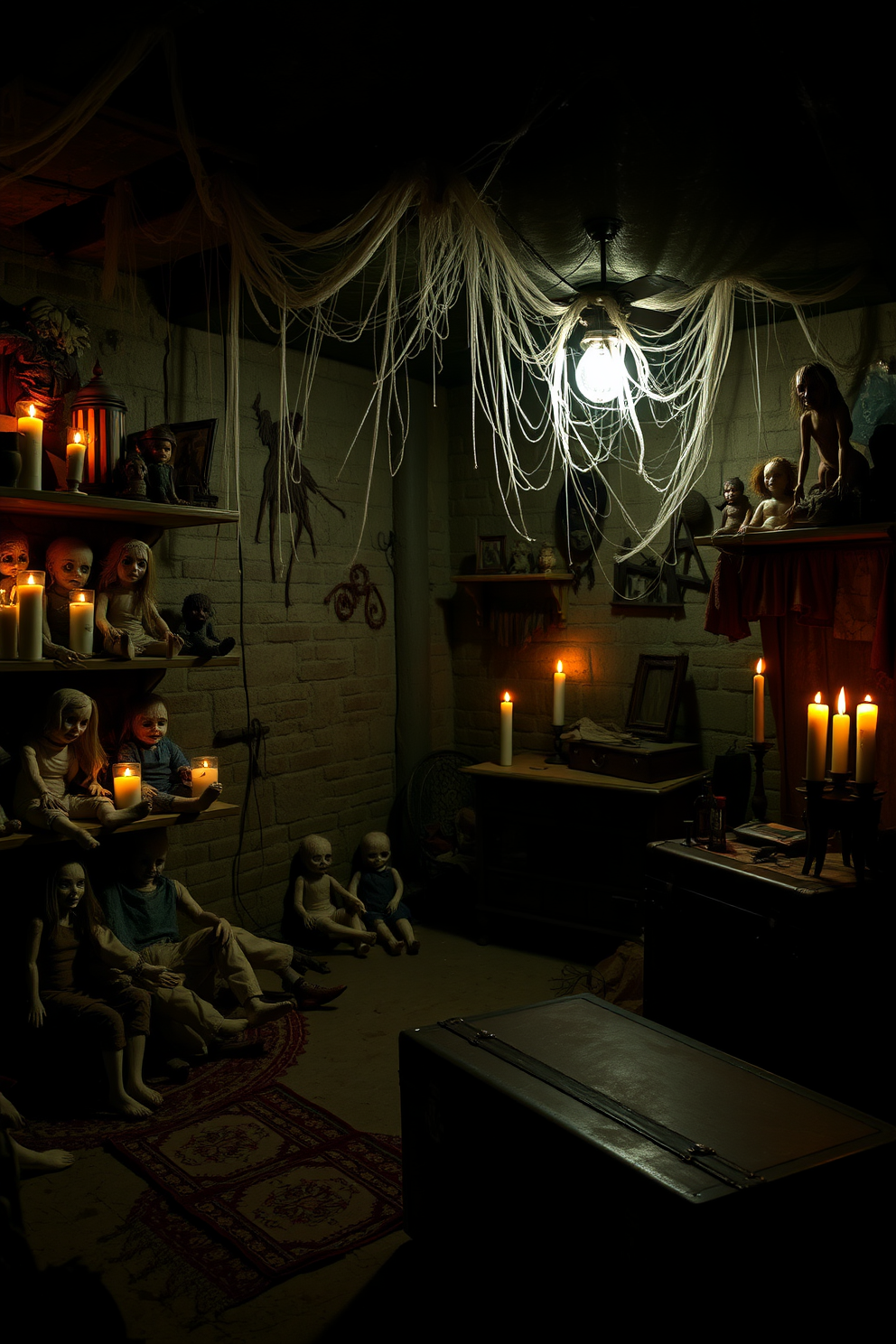 A dimly lit basement filled with eerie ambiance. Creepy dolls are strategically placed on dusty shelves and scattered across the floor, each with haunting expressions and tattered clothing. Cobwebs drape from the ceiling, enhancing the unsettling atmosphere. Flickering candles cast ominous shadows on the walls, while a vintage trunk in the corner adds a touch of mystery to the Halloween decor.