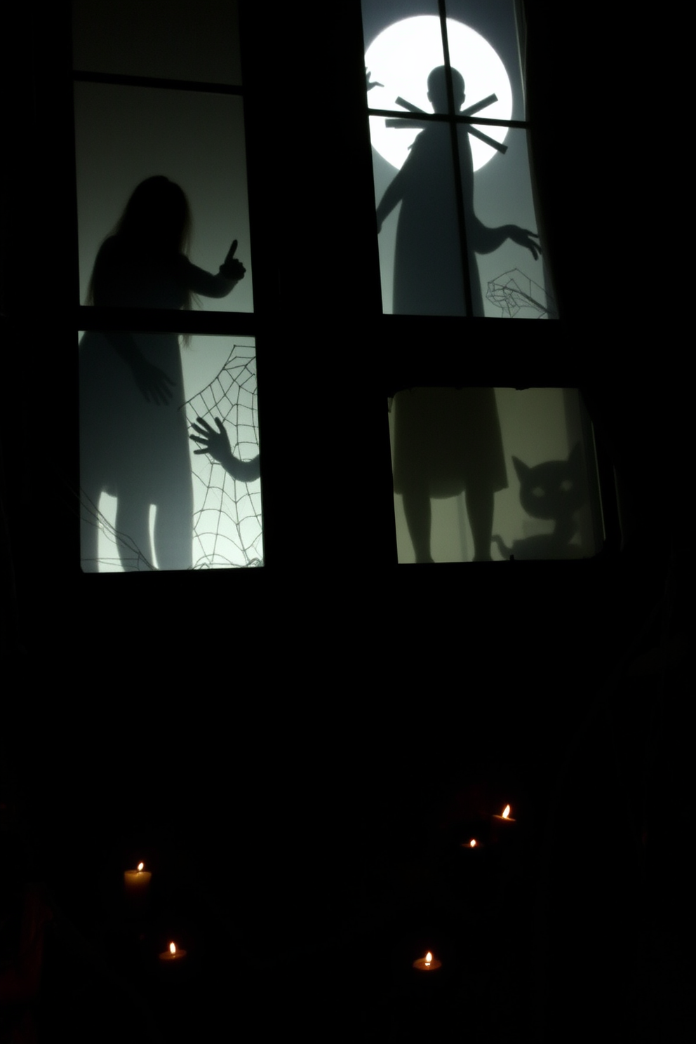 Eerie silhouettes cast shadows in the dimly lit window frames, creating an unsettling atmosphere for Halloween. The basement is adorned with cobwebs and flickering candles, enhancing the spooky vibe of the decor.