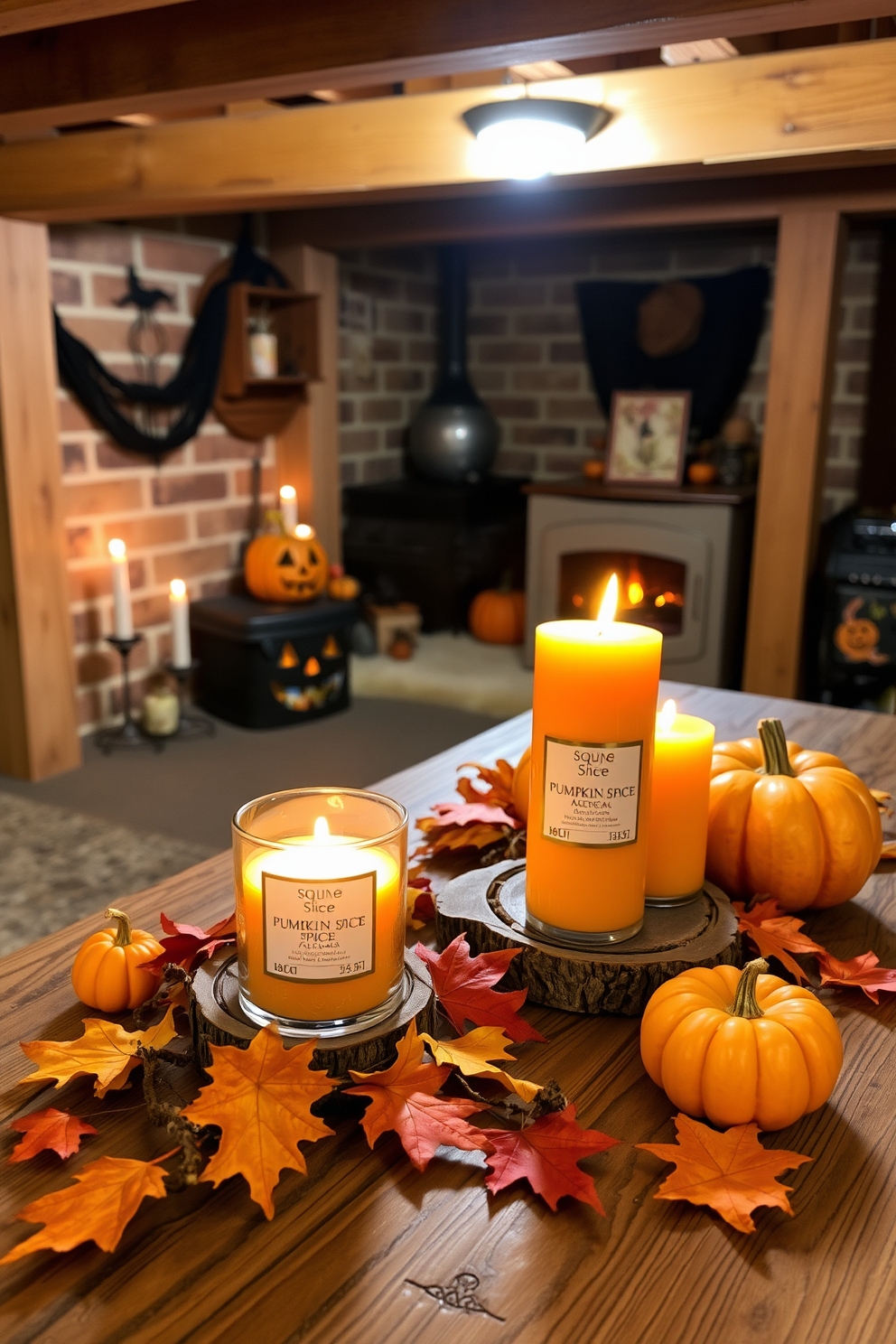 A cozy basement space is adorned with warm pumpkin spice scented candles flickering gently on a rustic wooden table. Surrounding the candles, festive Halloween decorations like carved pumpkins and autumn leaves create an inviting atmosphere.