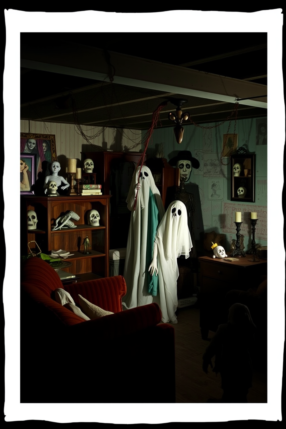 A spooky basement setting filled with eerie decorations. Ghostly figures peek from behind old furniture, casting haunting shadows on the walls.