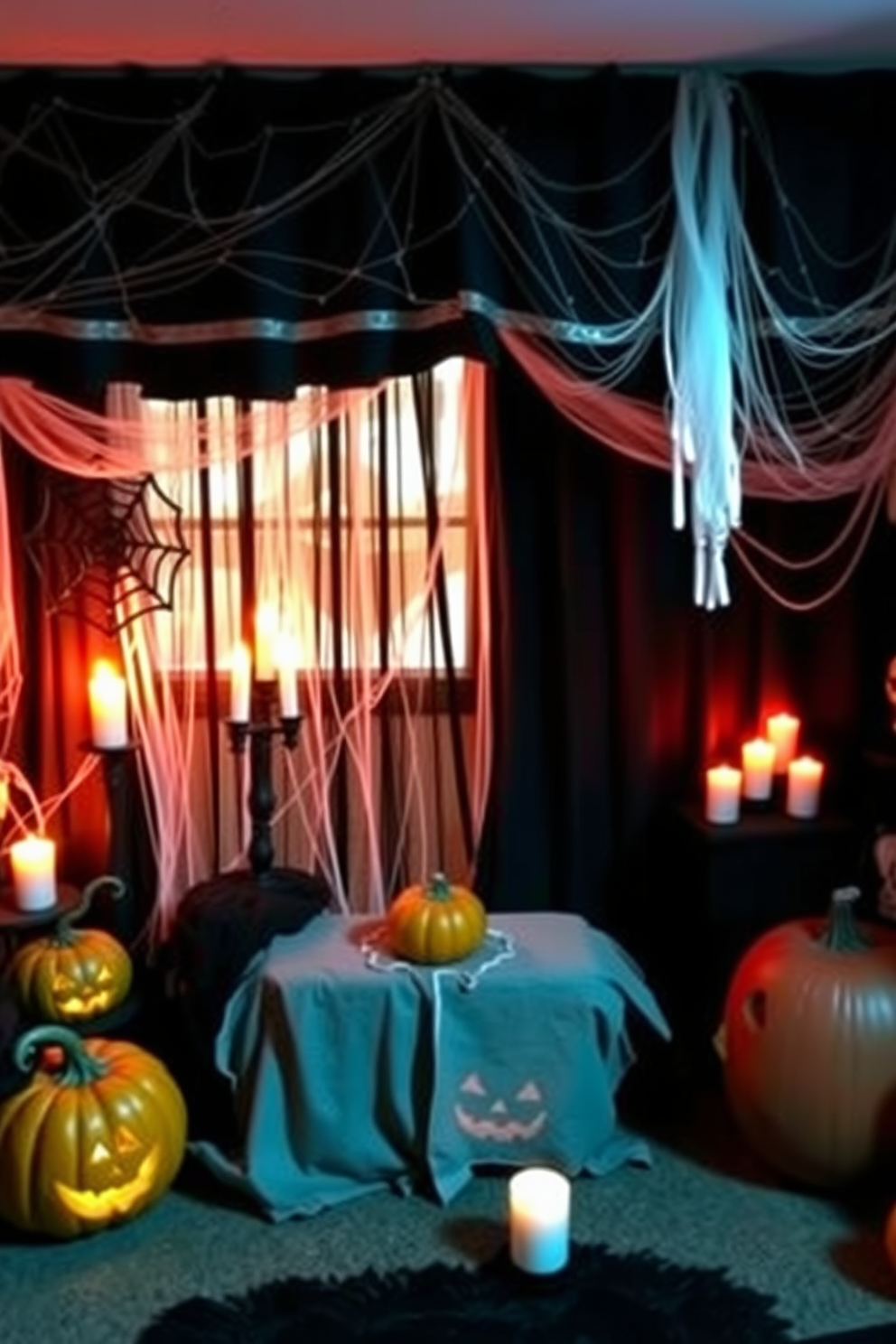 Create a cozy Halloween-themed basement with dark curtains that block outside light. The space features spooky decorations like cobwebs, carved pumpkins, and flickering candles to enhance the eerie atmosphere.