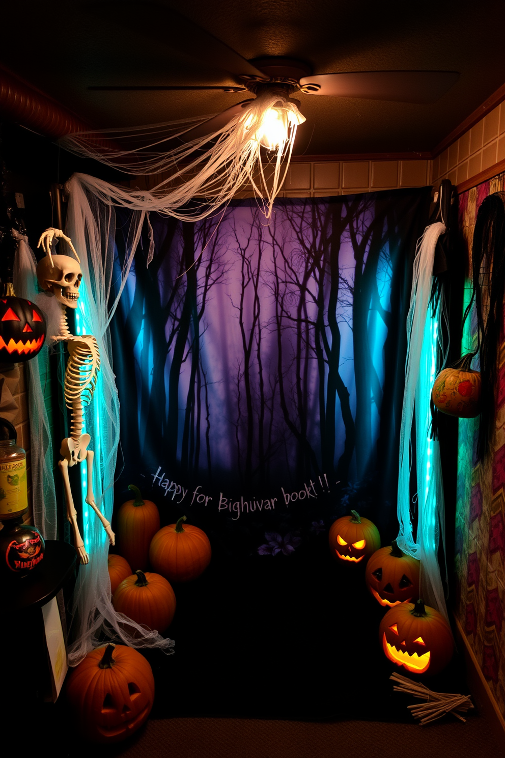 A themed photo booth is set up in a cozy basement space, decorated with spooky Halloween props like cobwebs, skeletons, and carved pumpkins. The backdrop features a dark, eerie forest scene, creating an immersive atmosphere for festive photos.