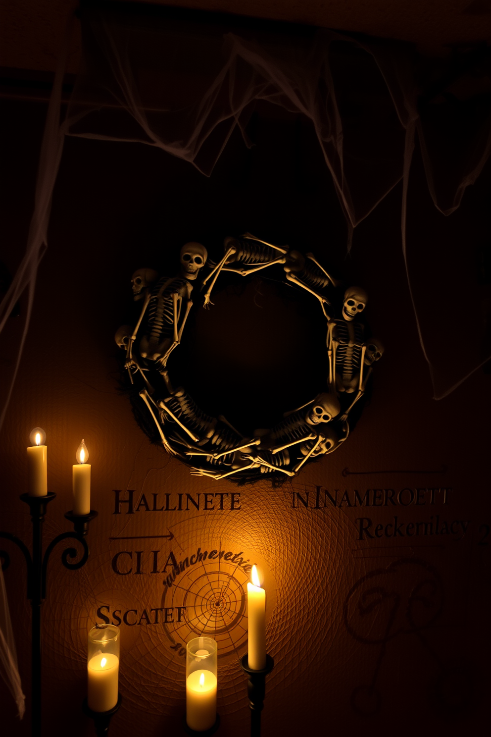 A spooky basement setting adorned with a decorative wreath made of skeletons. The wreath is hung on a dimly lit wall, surrounded by cobwebs and flickering candlelight for an eerie ambiance.