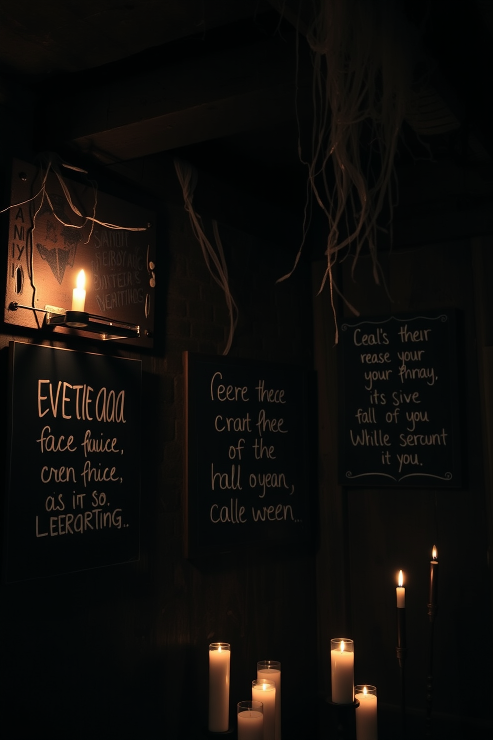 Spooky quotes written in white chalk on rustic blackboards hang on the walls of a dimly lit basement. Cobwebs drape from the ceiling, and flickering candles cast eerie shadows around the space.