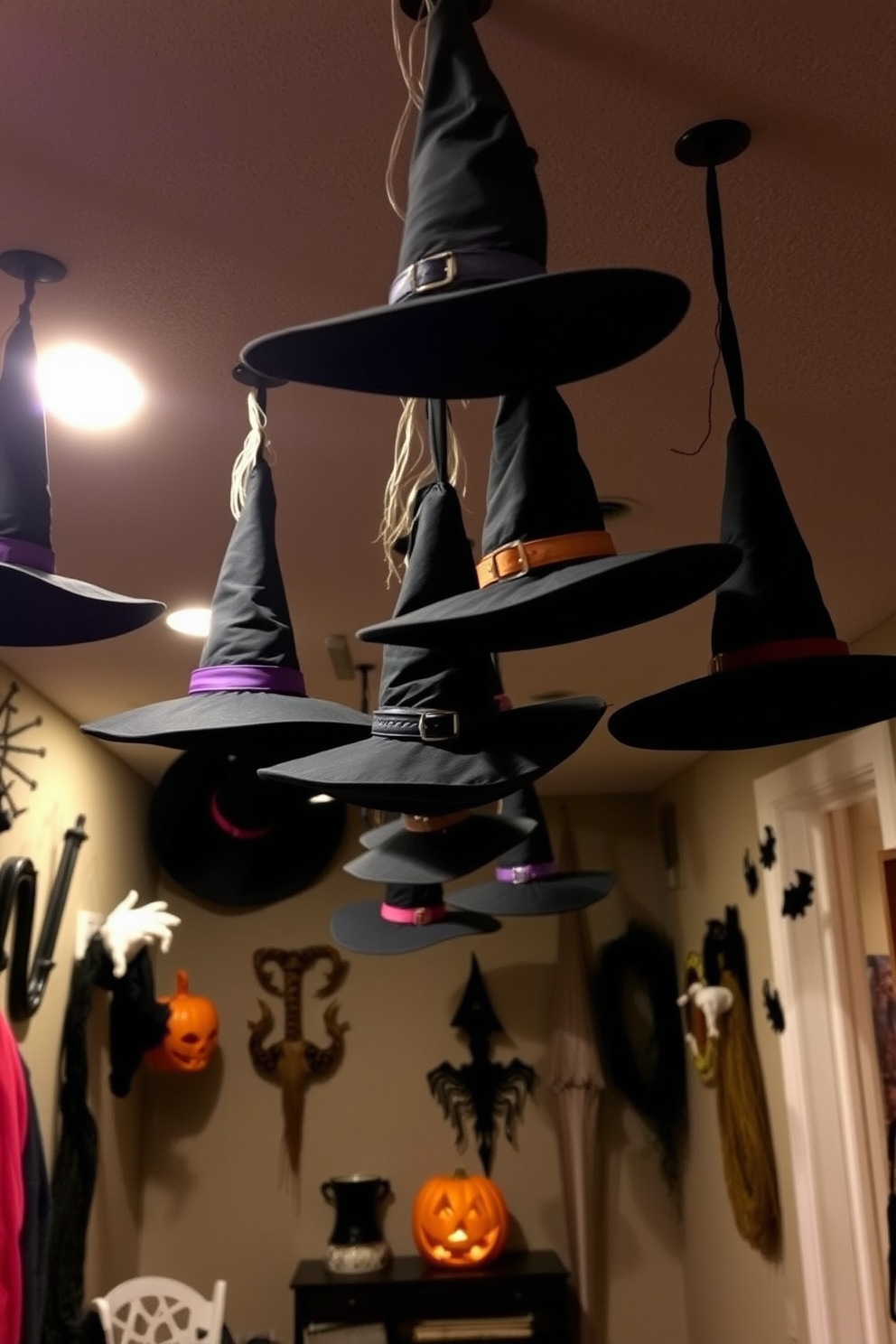 Create a whimsical Halloween basement scene featuring hanging witch hats from the ceiling. The walls are adorned with spooky decorations, and dim lighting casts eerie shadows throughout the space.