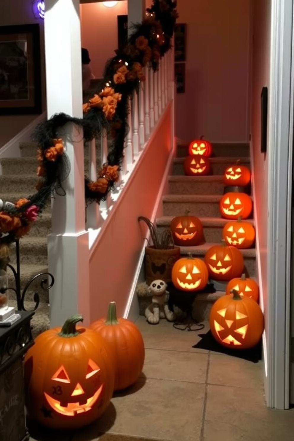 A festive basement setting decorated for Halloween. Jack-o-lanterns of various sizes line the staircase, casting a warm glow in the dim light.