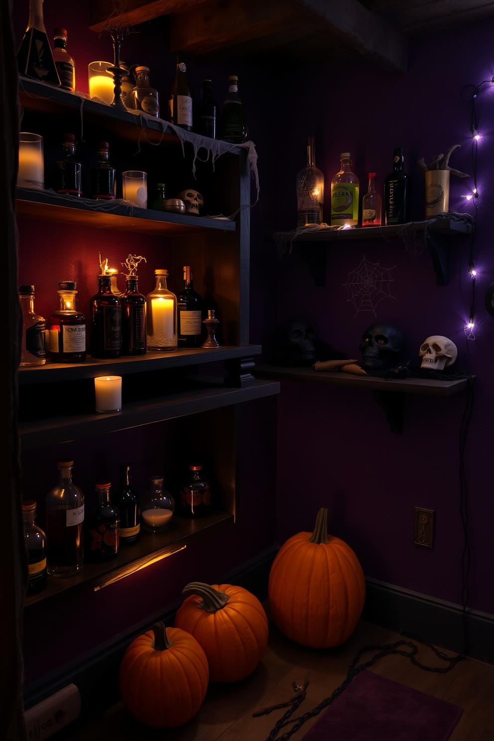 Mysterious potion bottles of various shapes and sizes are arranged on dark wooden shelves, illuminated by flickering candlelight. The shelves are adorned with cobwebs and small skull decorations, creating an eerie atmosphere perfect for Halloween. The basement walls are painted in deep shades of purple and black, enhancing the spooky ambiance. Flickering LED lights are strategically placed to cast shadows, while a few carved pumpkins sit on the floor, adding a festive touch.