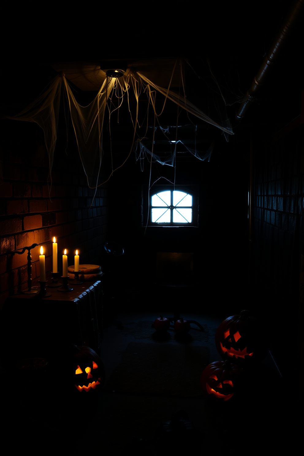 A dimly lit basement setting adorned with flickering candles casting shadows on the walls. Cobwebs drape from the ceiling, and carved pumpkins are strategically placed to enhance the eerie ambiance.