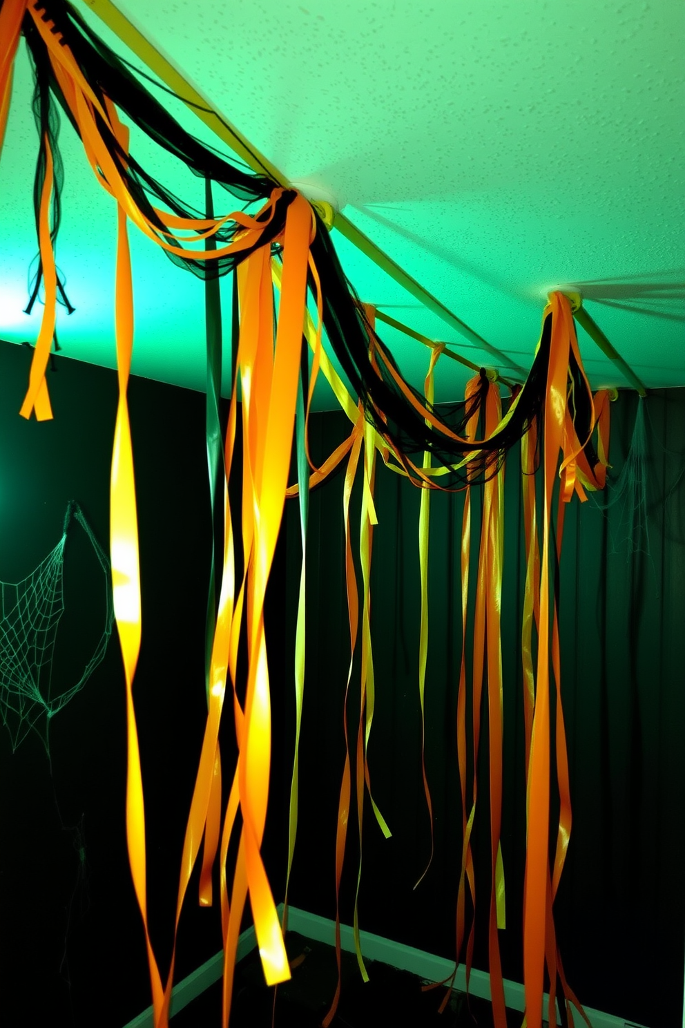 A spooky basement setting adorned with black and orange streamers cascading from the ceiling. The walls are painted a dark shade, and cobwebs are strategically placed in the corners to enhance the Halloween atmosphere.