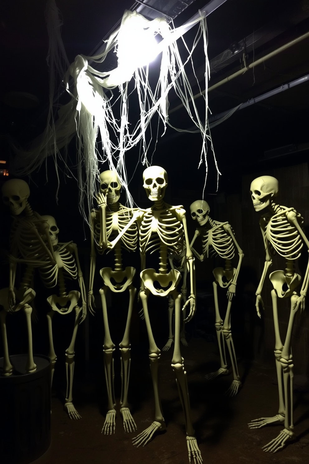 Life-sized skeletons are positioned in dynamic poses throughout a dimly lit basement. Cobwebs hang from the ceiling, and eerie lighting casts shadows on the walls, creating a spooky atmosphere.