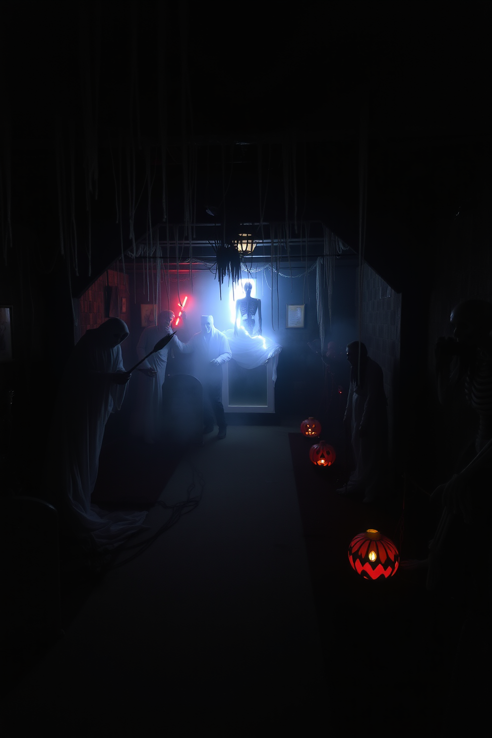 A dimly lit basement with eerie shadows cast by flickering lights. Cobwebs drape from the ceiling, and a fog machine fills the space with a thick mist, enhancing the haunted atmosphere. Ghostly figures are strategically placed around the room, adding an element of surprise. Creepy props like skeletons and tombstones are scattered throughout, creating a chilling Halloween vibe.