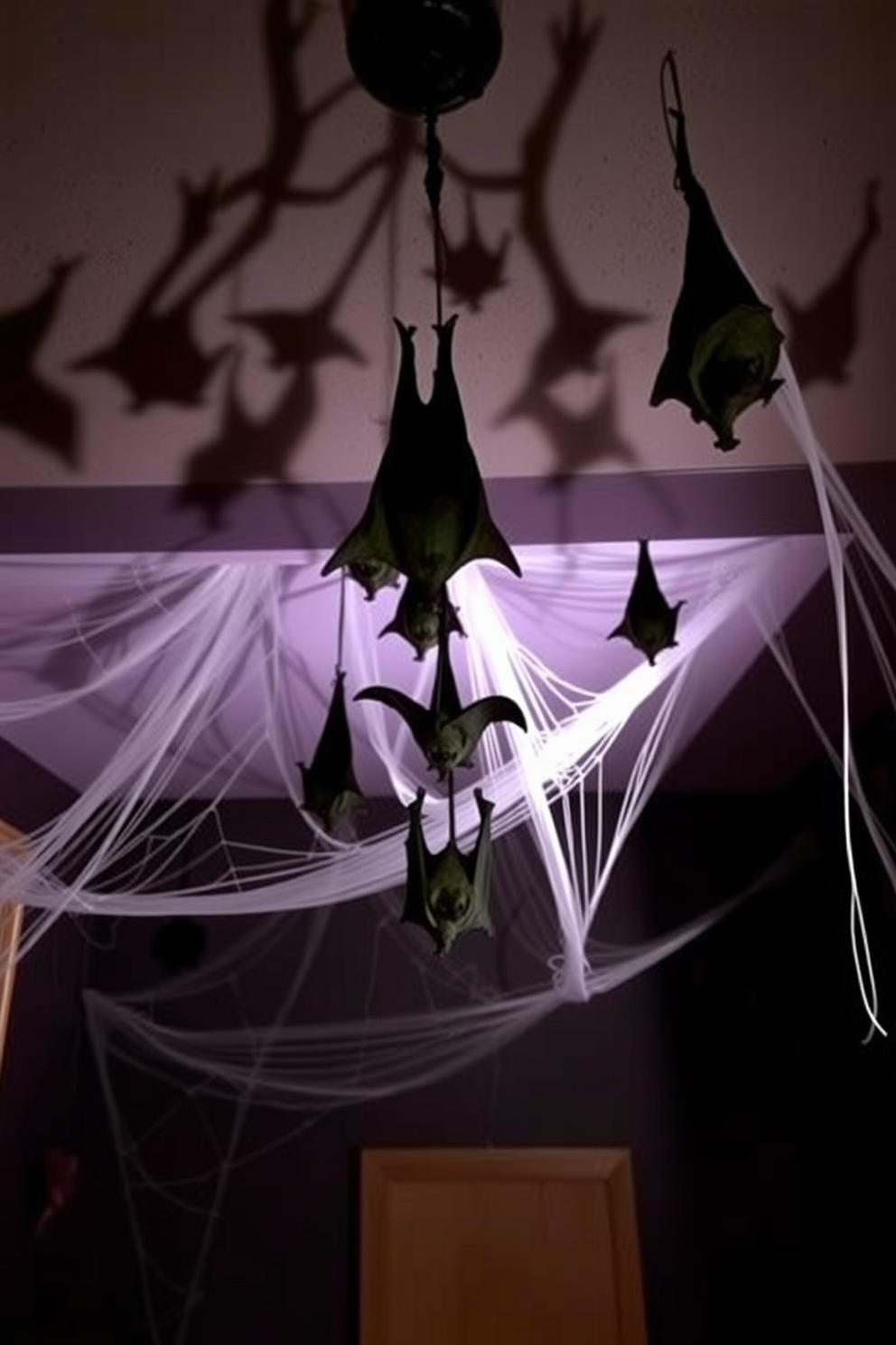 Create a spooky Halloween basement scene featuring hanging bats suspended from the ceiling. The walls are adorned with dark, eerie colors, and cobwebs stretch across the corners for an authentic haunted atmosphere.