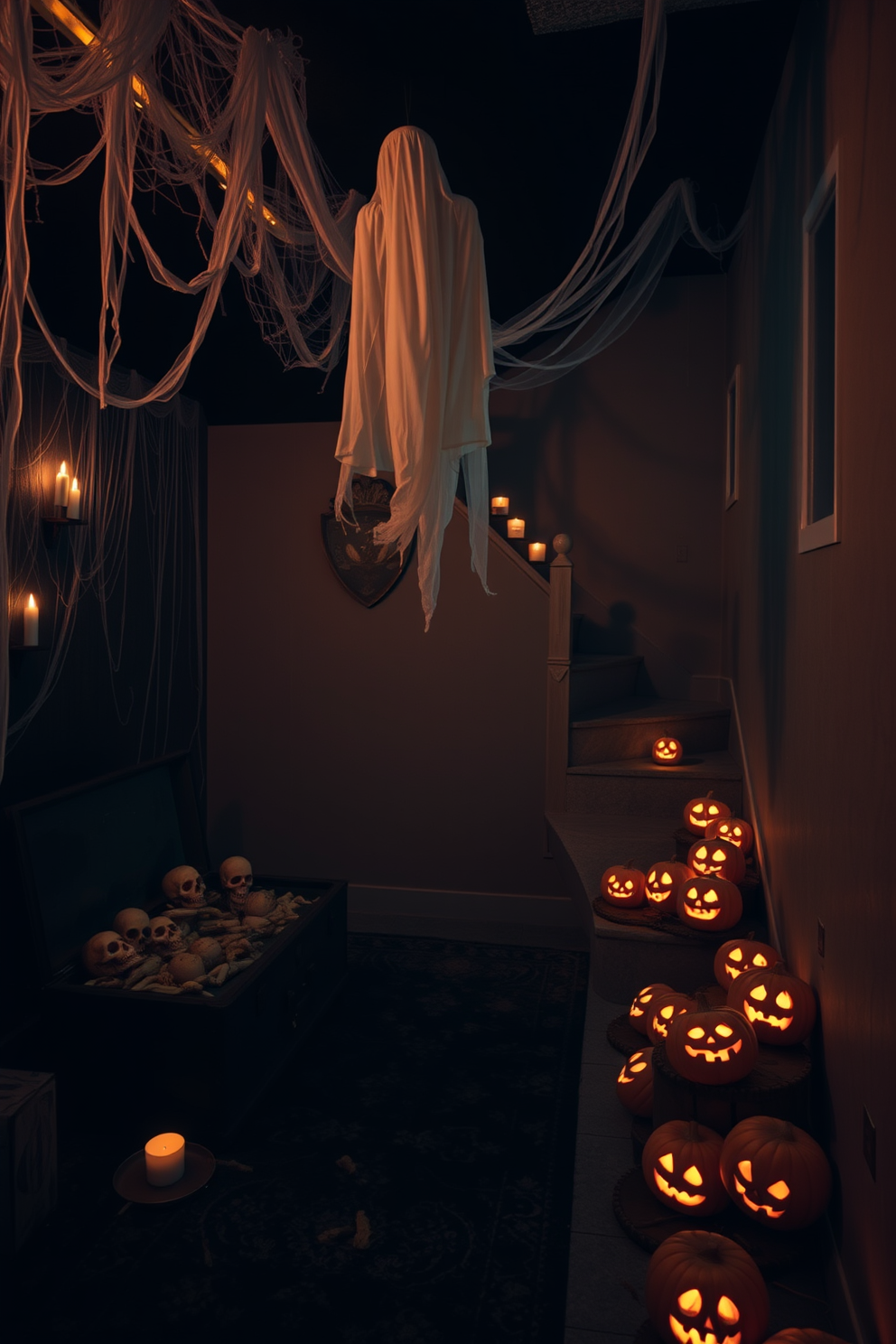 A Halloween basement decorated with eerie cobwebs hanging from the ceiling and flickering LED candles casting shadows on the walls. The floor is covered with a dark, tattered rug, and a vintage trunk filled with faux skulls and bones sits in one corner. A ghostly figure made of white fabric dangles from the ceiling, while a collection of carved pumpkins with glowing faces lines the staircase. Creepy sound effects play softly in the background, enhancing the spooky atmosphere and inviting guests to explore the chilling decor.