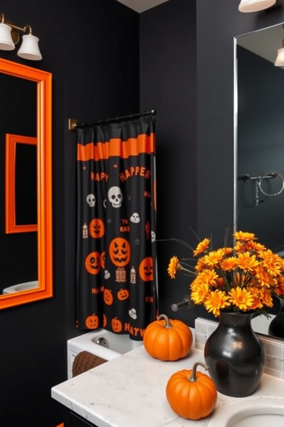 A striking Halloween bathroom design featuring a black and orange color scheme. The walls are painted in a deep black with orange accents around the mirrors and fixtures. A spooky shower curtain with Halloween motifs hangs in the bathtub. The countertop displays carved pumpkins and a black vase filled with orange flowers, adding festive charm.