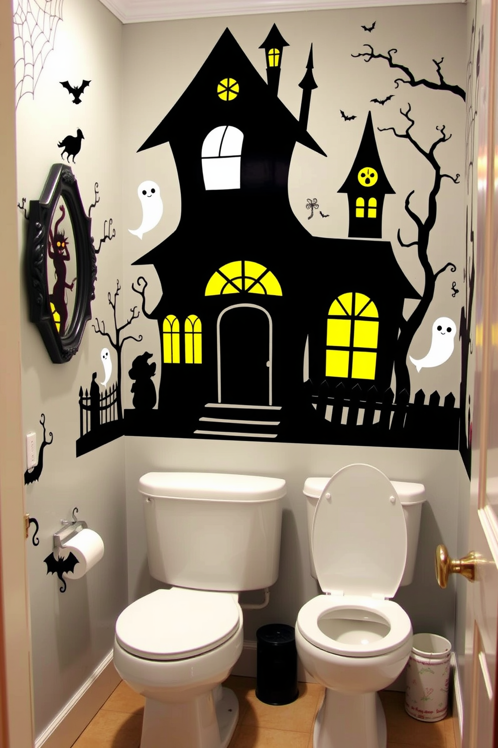 A spooky bathroom setting featuring haunted house themed wall decals. The walls are adorned with ghostly figures and cobwebs, creating an eerie atmosphere perfect for Halloween.