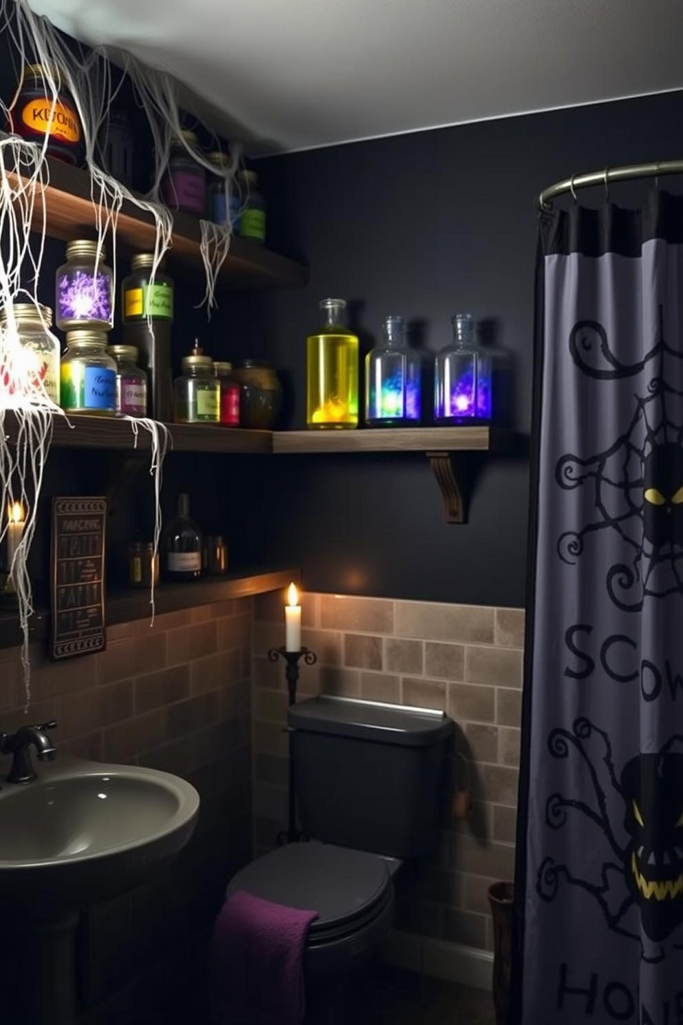 Mysterious potion jars of various shapes and sizes are neatly arranged on rustic wooden shelves, each filled with colorful liquids that shimmer in the dim light. Cobwebs drape elegantly from the corners, adding a touch of eerie charm to the space. The bathroom features dark, moody colors with accents of deep purple and black, creating an atmosphere perfect for Halloween. Flickering candles in ornate holders cast shadows, enhancing the mysterious vibe while a spooky shower curtain completes the festive decor.