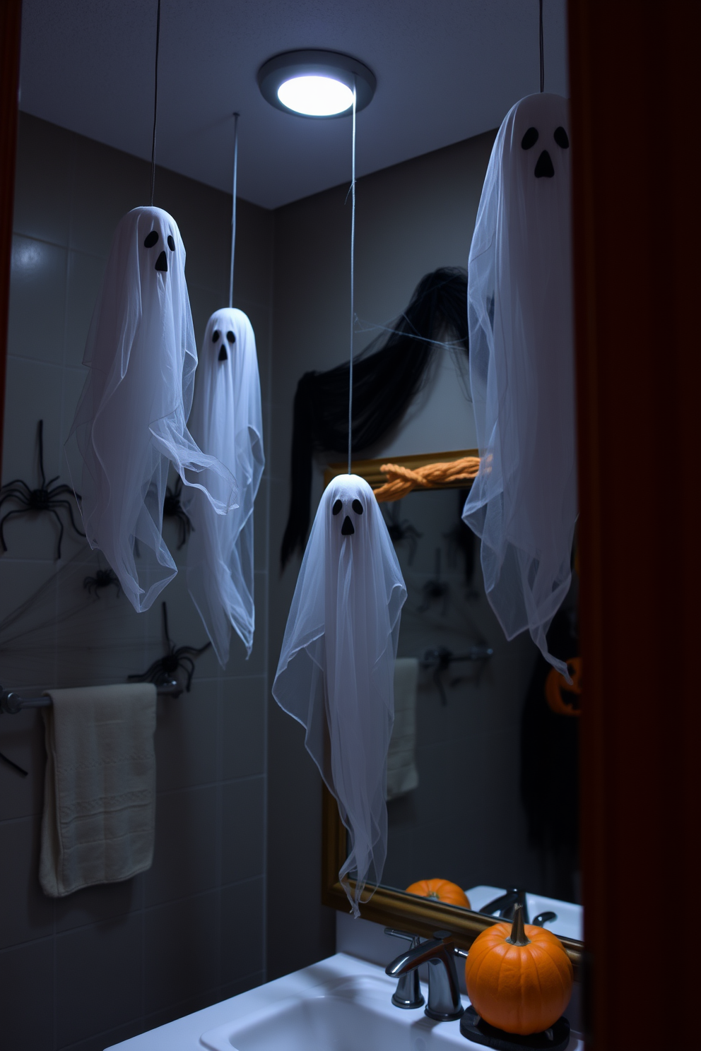 A spooky Halloween bathroom setting. Ghostly figures made of sheer fabric dangle from the ceiling, swaying gently in the dim light. The walls are adorned with eerie black and orange decorations. A large mirror is framed with cobwebs, while a pumpkin sits on the sink as a playful accent.