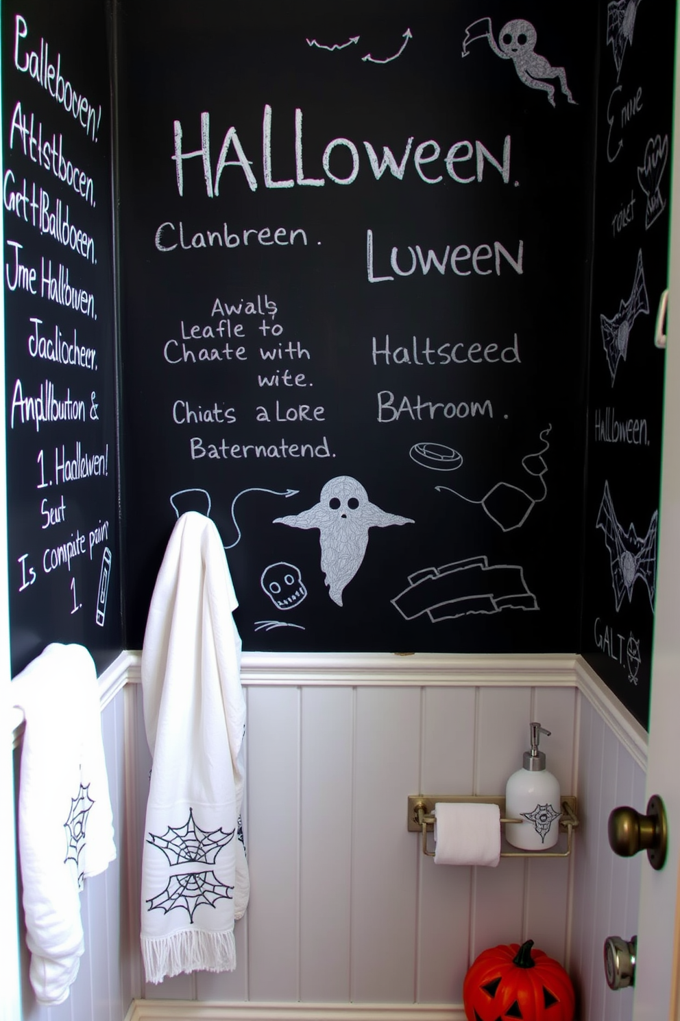 A Halloween-themed bathroom featuring walls painted with chalkboard paint, allowing for spooky messages and creative doodles. The decor includes ghostly accents like white towels with black spider web patterns and a pumpkin-shaped soap dispenser.