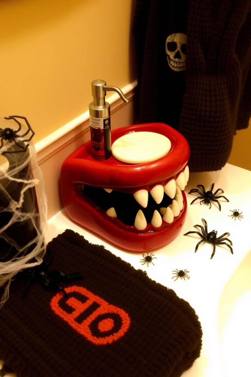 Create a whimsical Halloween bathroom setting featuring a vampire teeth soap dish as the centerpiece. Surround the soap dish with spooky decorations such as cobwebs, plastic spiders, and themed towels to enhance the festive atmosphere.