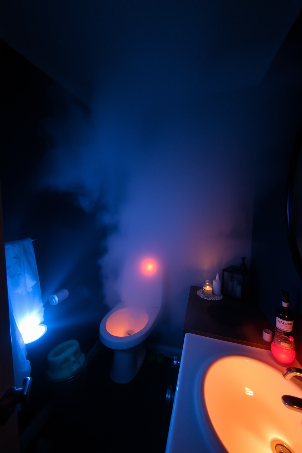 A spooky bathroom setting designed for Halloween. The fog machine creates an eerie atmosphere, filling the space with a mysterious mist. Creepy decor items are strategically placed throughout the room. Dim lighting enhances the haunting vibe, casting shadows on the walls.