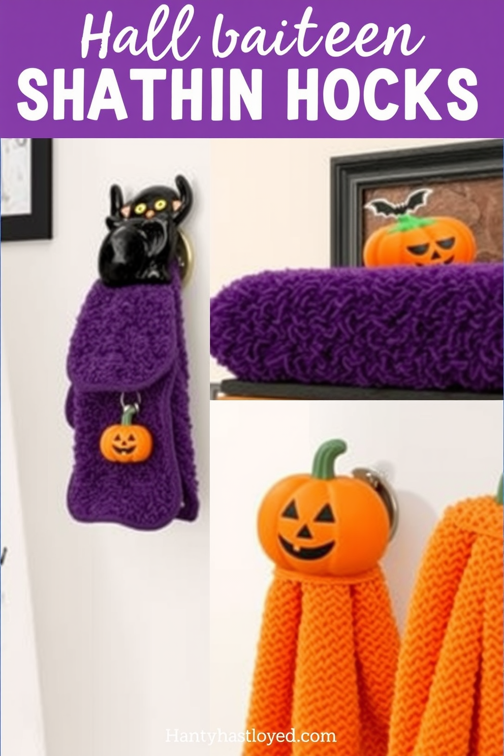 Create a whimsical bathroom scene featuring Halloween themed shower curtain hooks. The hooks are shaped like black cats and pumpkins, adding a playful touch to the decor. Incorporate other Halloween elements such as orange and purple towels and spooky wall art. The overall ambiance is festive yet stylish, perfect for celebrating the season.