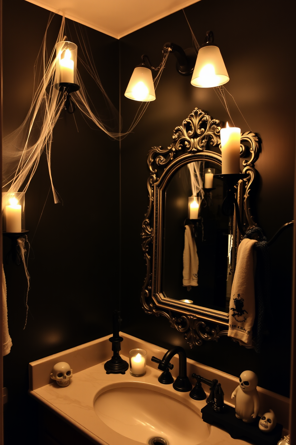 Eerie candle holders with flickering lights create a haunting ambiance in the bathroom. The walls are adorned with dark, moody colors, and cobwebs delicately drape from the corners. A vintage mirror with an ornate frame reflects the soft glow of the candles. Spooky decorations like ghostly figures and themed towels enhance the Halloween spirit.