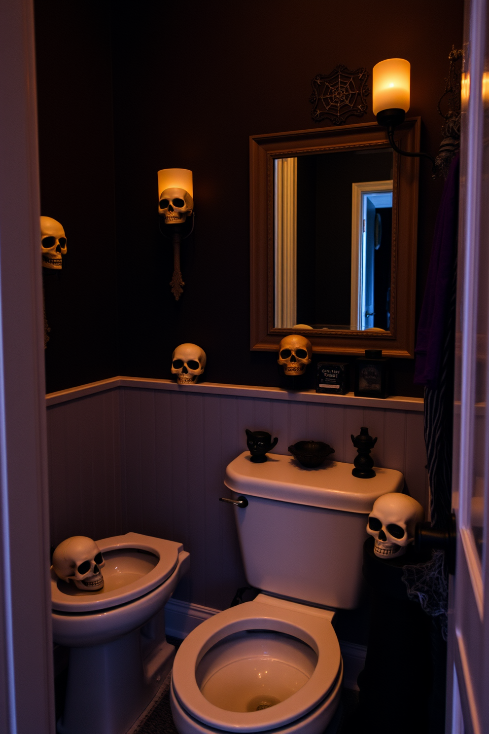 A whimsical bathroom setting featuring decorative skulls placed in each corner. The walls are adorned with dark, moody colors, and spooky accents create a festive Halloween atmosphere.