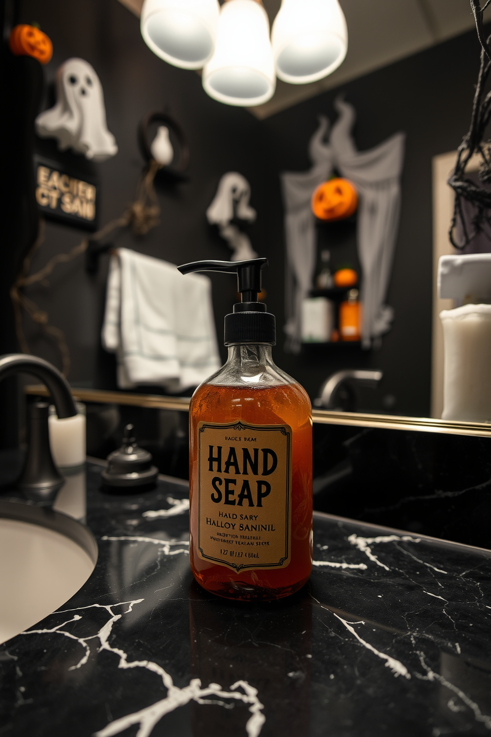 A Halloween-themed bathroom featuring a spooky hand soap with a creepy label sits on a black marble countertop. The walls are adorned with ghostly decorations and the lighting is dimmed to create an eerie atmosphere.