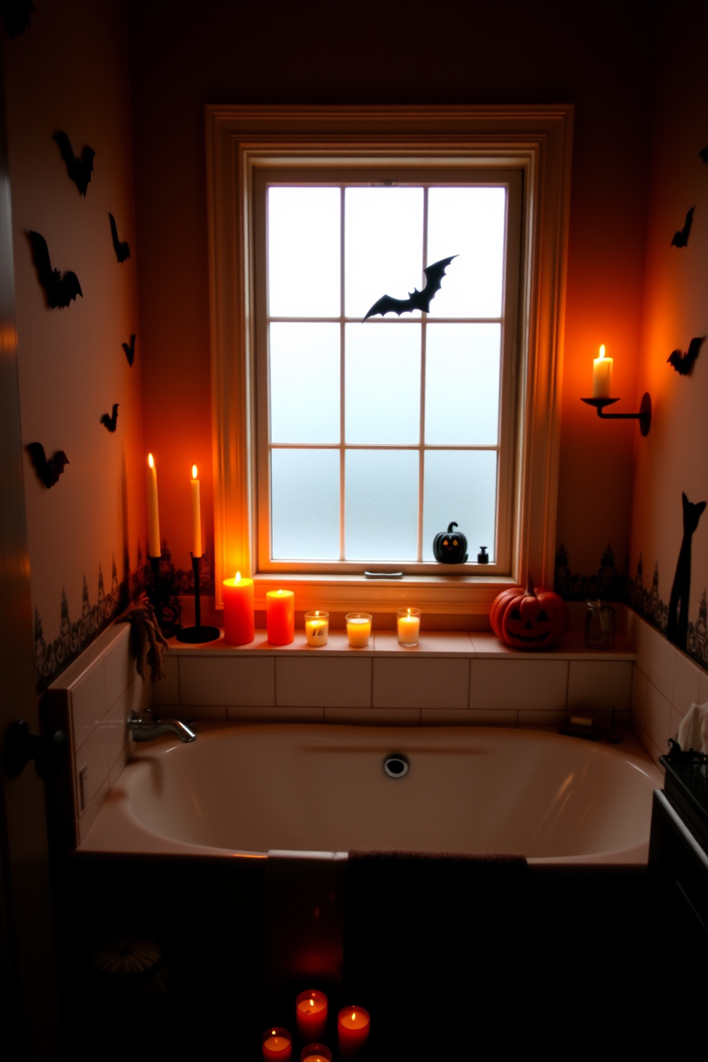 Candlelit ambiance fills the bathroom with a warm glow from orange candles placed on the windowsill and around the bathtub. The walls are adorned with subtle Halloween-themed decorations, featuring silhouettes of bats and pumpkins that enhance the seasonal spirit.