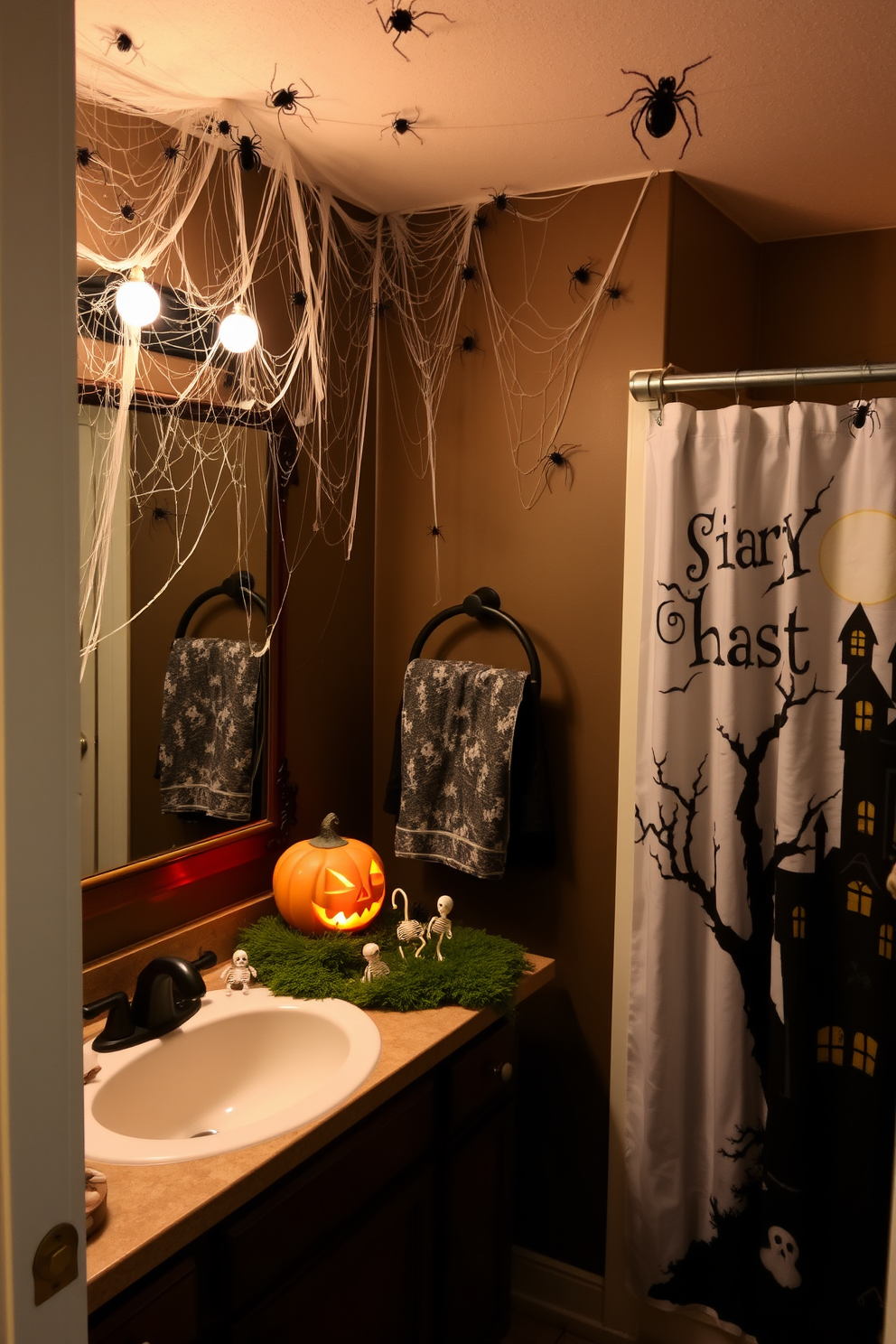 A Halloween-themed bathroom featuring creepy crawlies in unexpected places. Cobwebs hang from the corners of the ceiling, and plastic spiders are scattered across the vanity and mirrors. An eerie glow emanates from a jack-o'-lantern placed on the countertop, surrounded by faux moss and miniature skeletons. The towels are adorned with ghost patterns, and a spooky shower curtain depicts a haunted house scene.