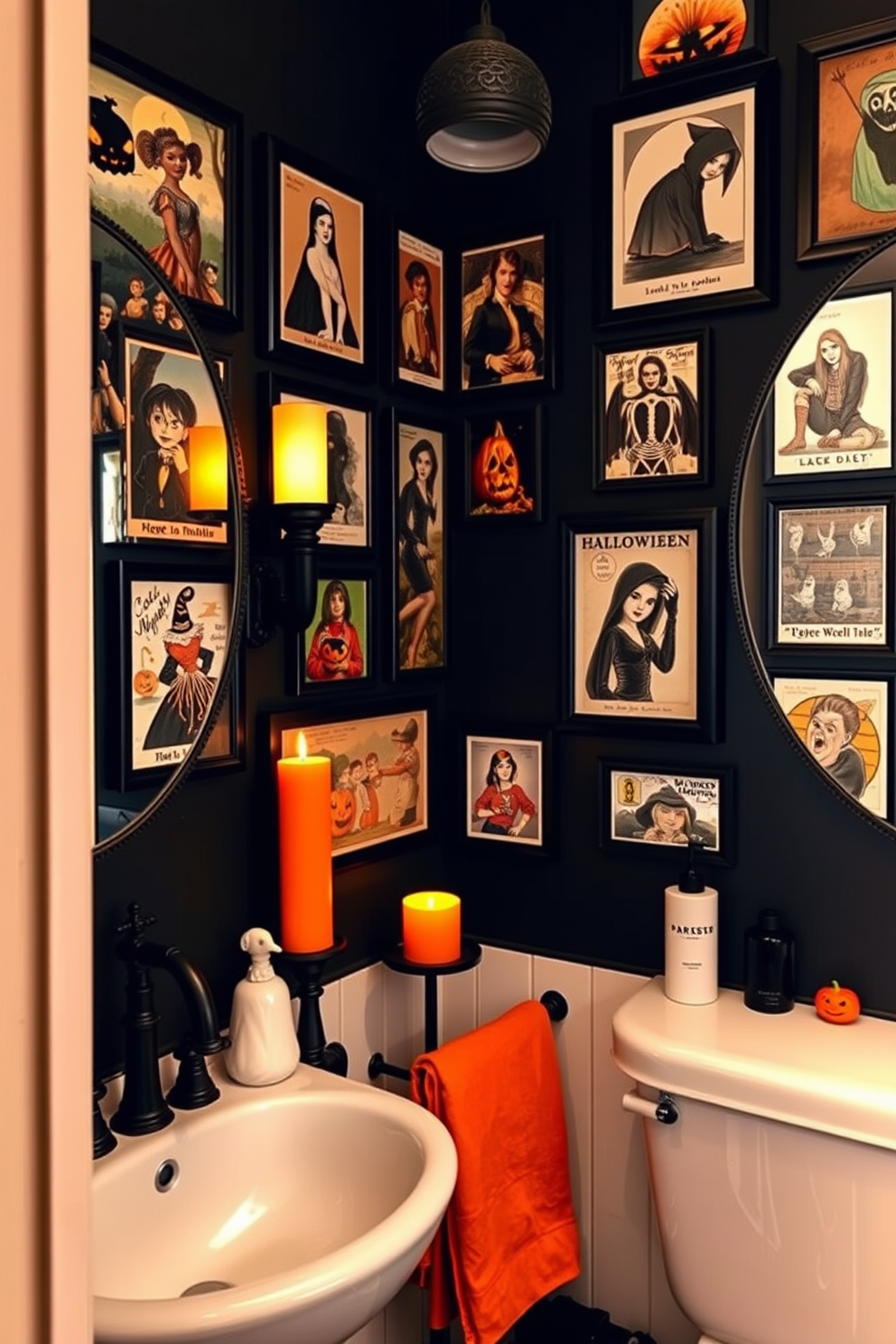 A whimsical bathroom adorned with vintage Halloween postcards featuring classic spooky imagery. The postcards are framed and arranged in a gallery style on the walls, adding a playful touch to the space. Incorporate Halloween-themed accessories such as ghost-shaped soap dispensers and pumpkin candles. The color palette includes deep orange and black accents, creating a festive yet stylish atmosphere.