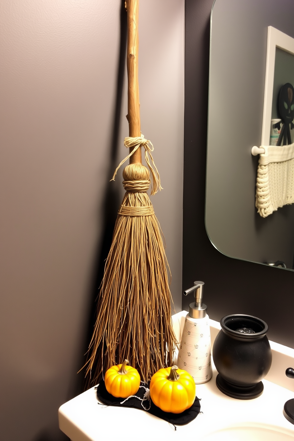 A whimsical Halloween bathroom setting featuring a rustic broomstick leaning against the wall. The decor includes spooky accents like cobwebs and small pumpkins placed on the countertop alongside a cauldron-shaped soap dispenser.