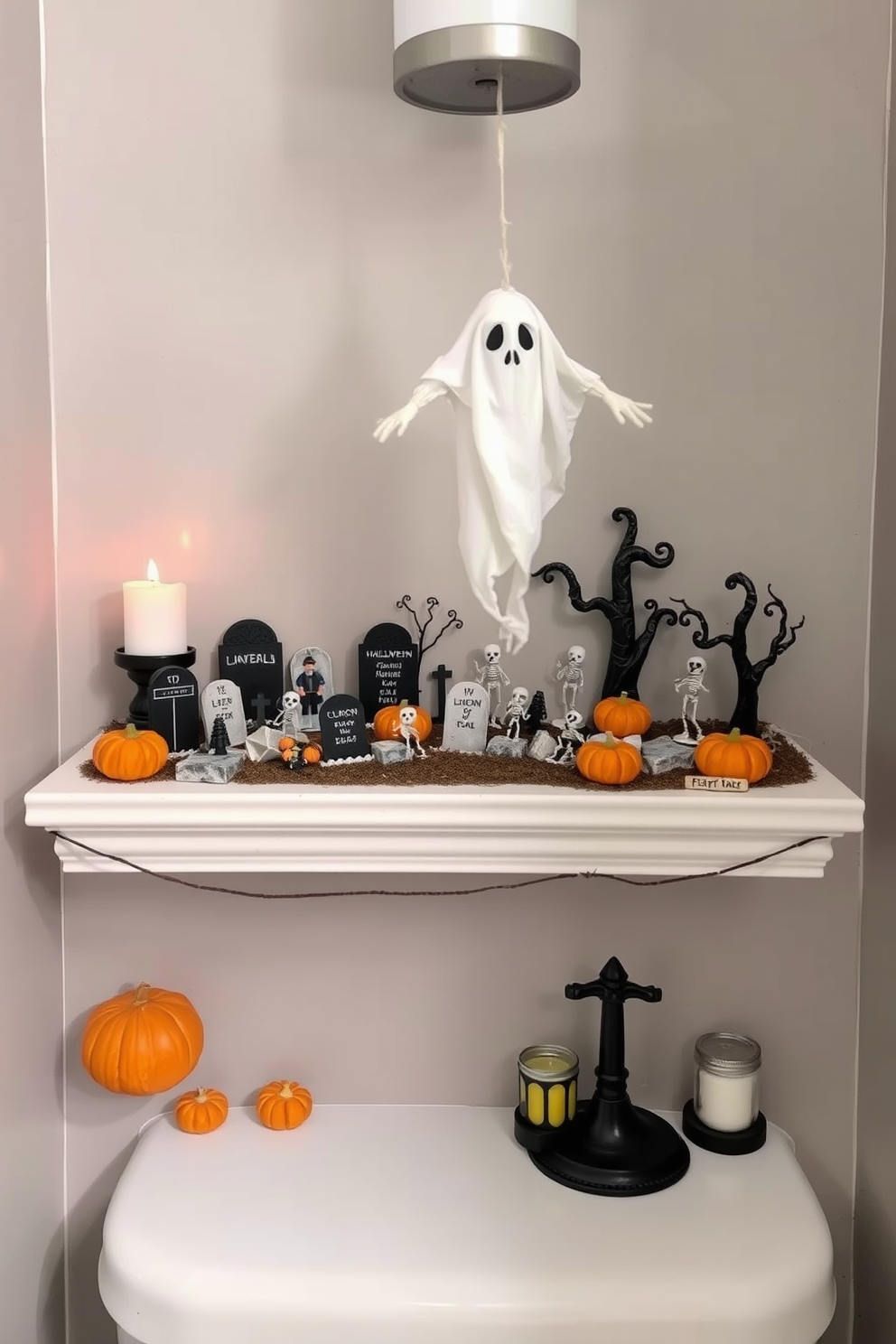 A whimsical miniature graveyard scene is carefully arranged on the shelves of a bathroom. Tiny tombstones, skeletal figures, and faux cobwebs create a playful Halloween atmosphere. The shelves are adorned with small pumpkins and spooky candles to enhance the festive decor. A ghostly figure hangs from the ceiling, adding an element of surprise and delight to the space.