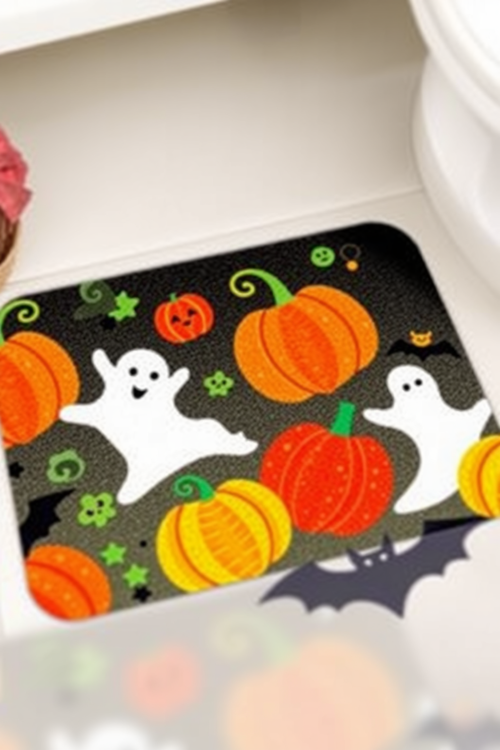 A playful Halloween themed bath mat featuring vibrant colors and whimsical designs. The mat showcases pumpkins, ghosts, and bats in a fun arrangement that adds a festive touch to the bathroom decor.