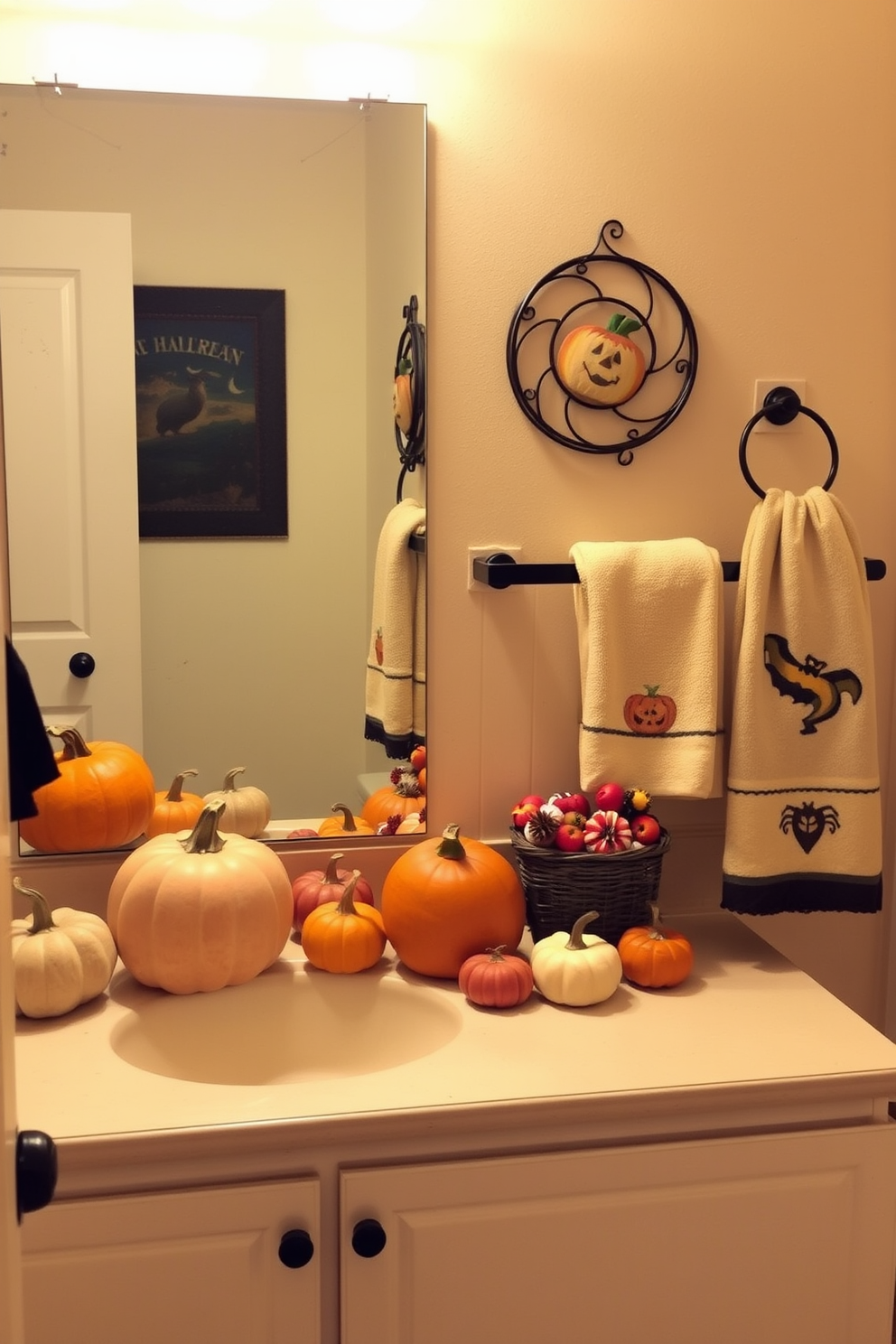 A whimsical bathroom adorned with decorative pumpkins in various sizes creates a festive Halloween atmosphere. The pumpkins are arranged on the countertop alongside autumn-themed towels and a small basket filled with seasonal decorations.