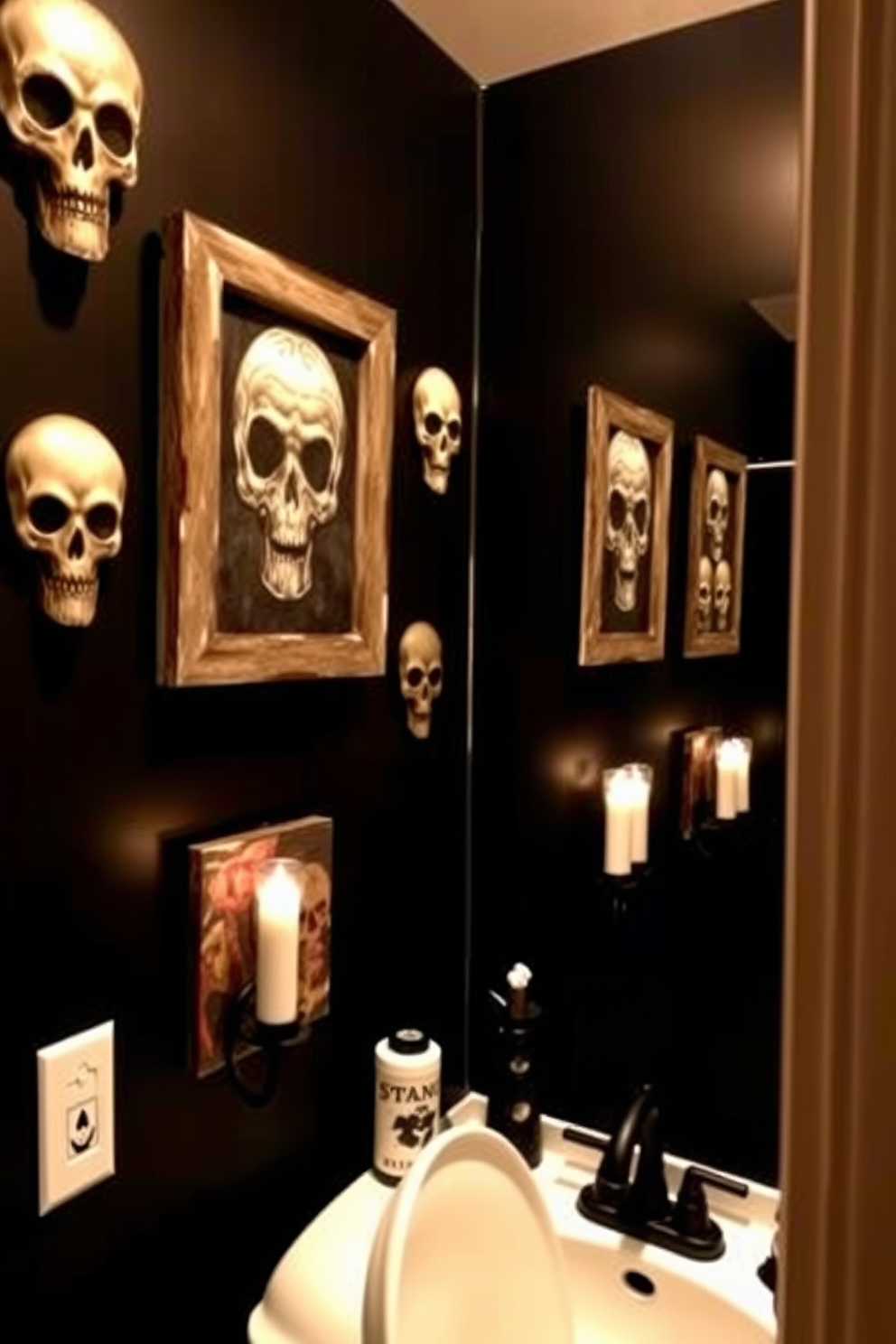 A spooky bathroom setting adorned with creepy wall art featuring various skull designs. The walls are painted in a deep black shade, creating a dramatic backdrop for the eerie decor. The skull art pieces are framed in distressed wood, adding a rustic touch to the Halloween theme. Flickering candle sconces are mounted beside the artwork, casting haunting shadows throughout the space.