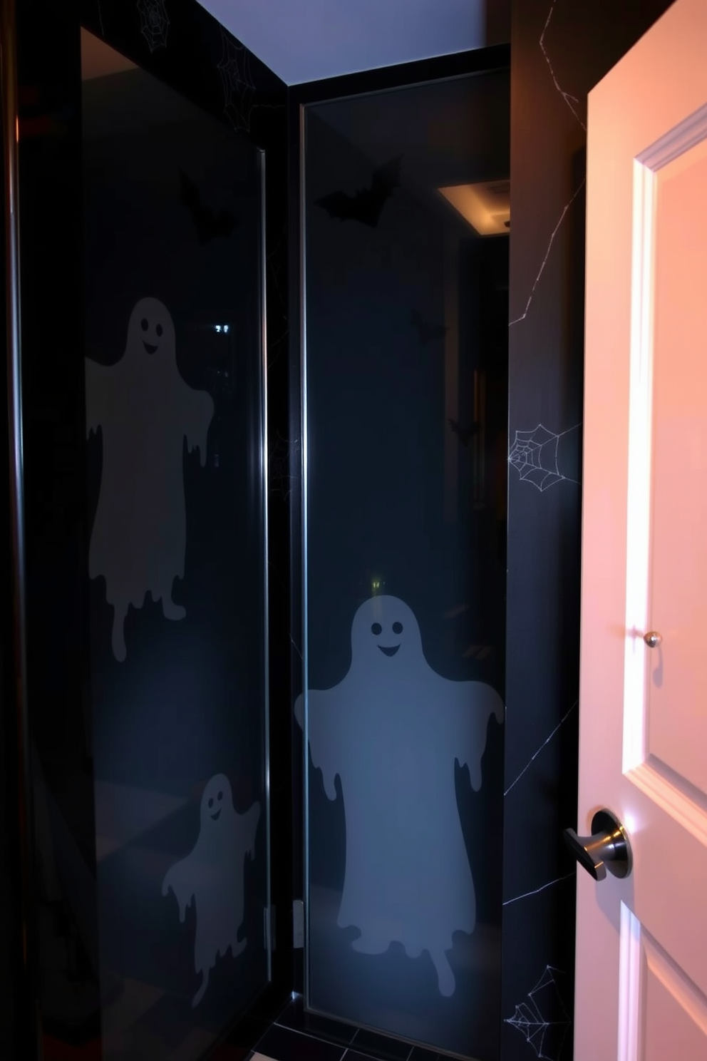 A unique Halloween bathroom setting featuring frosted glass panels with silhouetted figures of ghosts and bats. The walls are adorned with subtle spider web patterns, and a dark, moody color palette enhances the spooky ambiance.