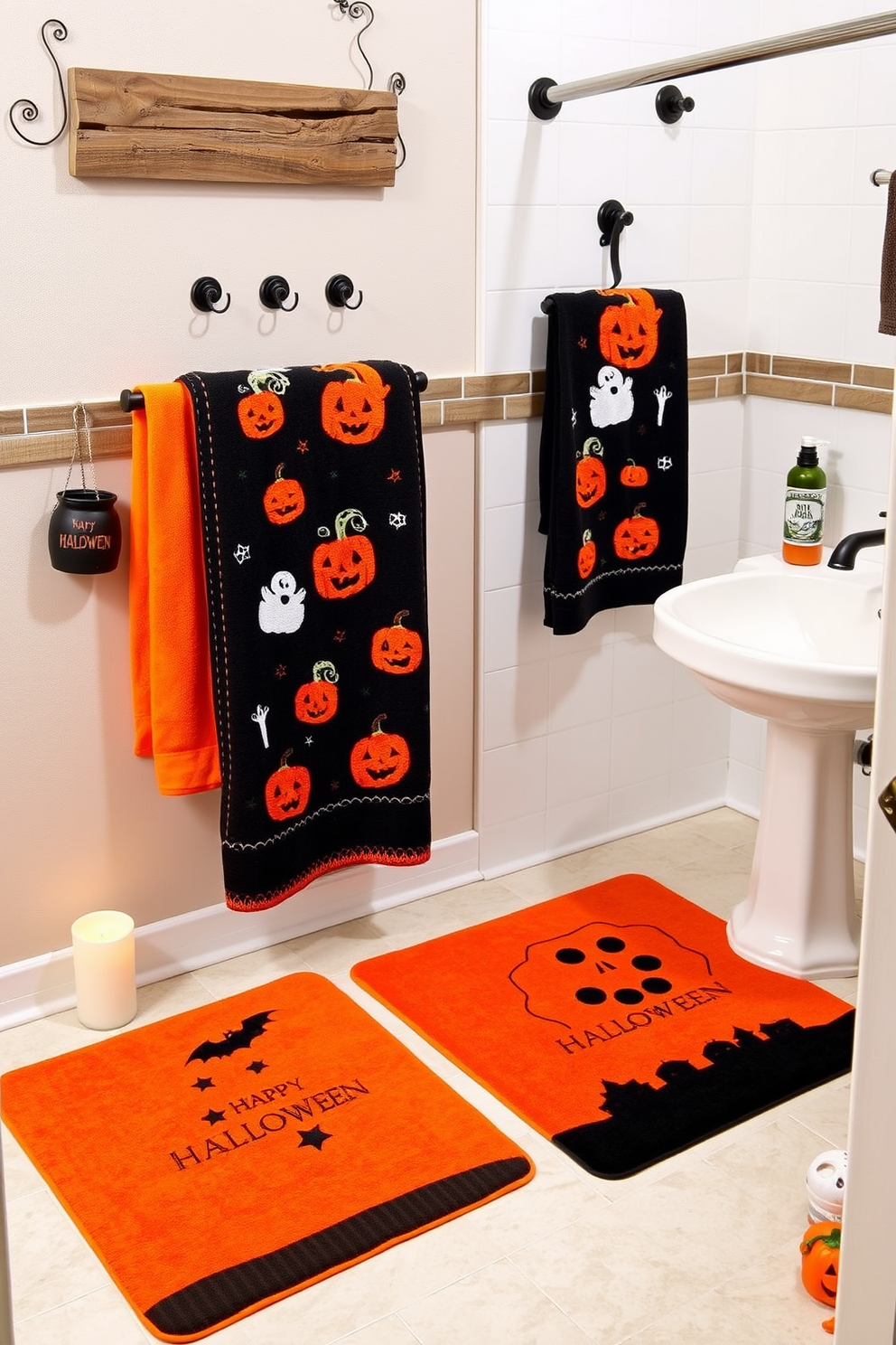 A whimsical Halloween bathroom setting featuring vibrant towels and mats adorned with playful pumpkin and ghost designs. The space is enhanced with orange and black color accents, creating a festive atmosphere for the holiday season. The towels are neatly arranged on a rustic wooden towel rack, while the mats lie invitingly in front of the sink and shower. Decorative elements like a small cauldron and spooky candles complete the Halloween-themed decor, adding charm and character to the bathroom.