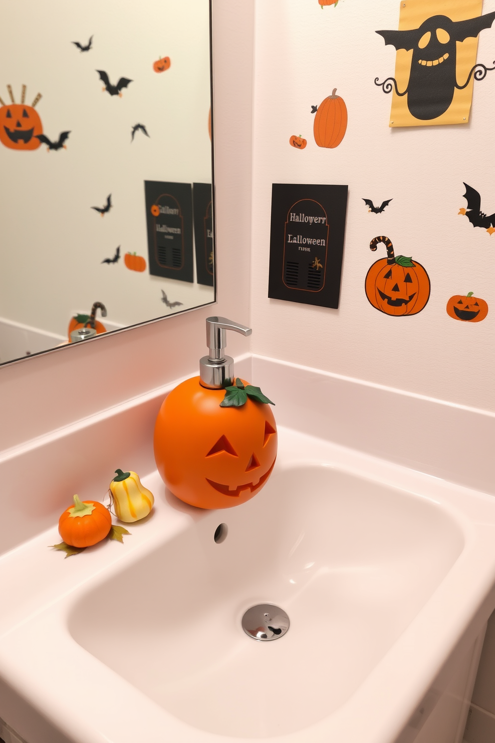 A whimsical bathroom setting designed for Halloween. The focal point is a pair of pumpkin-shaped soap dispensers placed on a sleek white sink. Surrounding the dispensers are festive decorations like small gourds and autumn leaves. The walls are adorned with playful Halloween-themed art, creating a cheerful and spooky atmosphere.