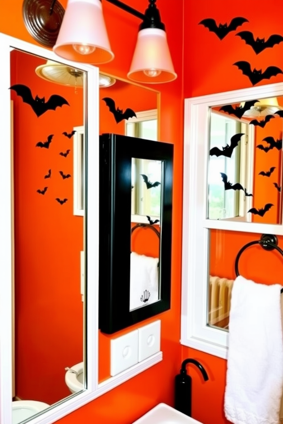 A whimsical Halloween bathroom setting featuring mirrors and windows adorned with playful bat decals. The walls are painted in a deep orange hue, creating a festive atmosphere that complements the spooky decor.