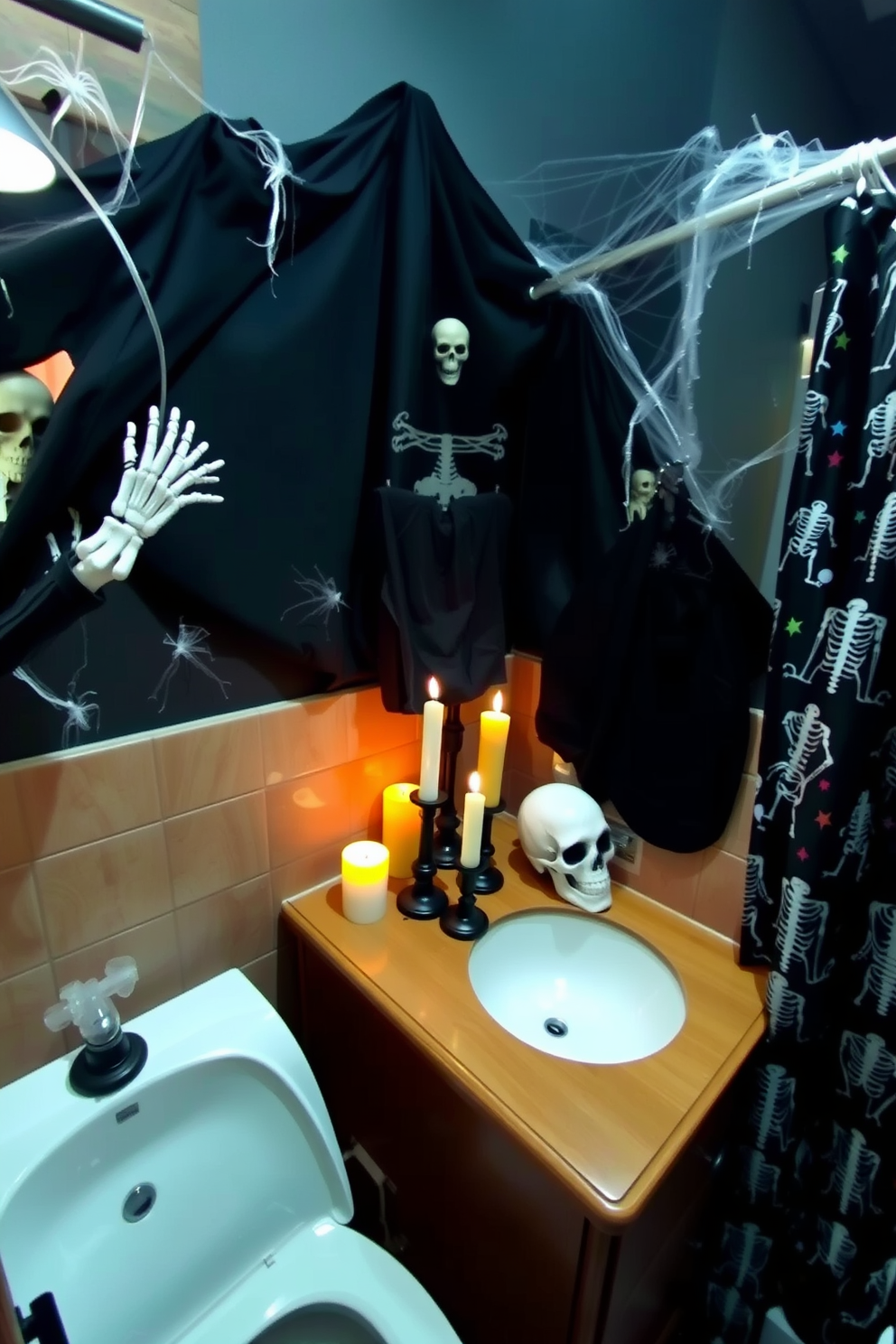 A Halloween-themed bathroom adorned with skeleton decorations creatively placed throughout the space. A skeleton hand emerges from the soap dispenser while a small skull sits atop the wooden vanity next to spooky candles. The walls are draped in dark, moody colors with cobwebs strategically placed in the corners. A festive shower curtain features a playful skeleton pattern, enhancing the eerie yet fun atmosphere.