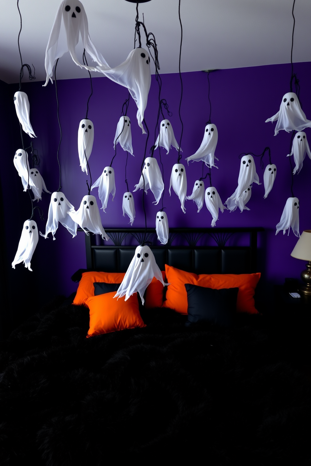 Spooky ghost garlands hang from the ceiling, creating an eerie atmosphere in the bedroom. The walls are painted in deep purple, and a large, plush black bedspread covers the bed, adorned with orange and black pillows.