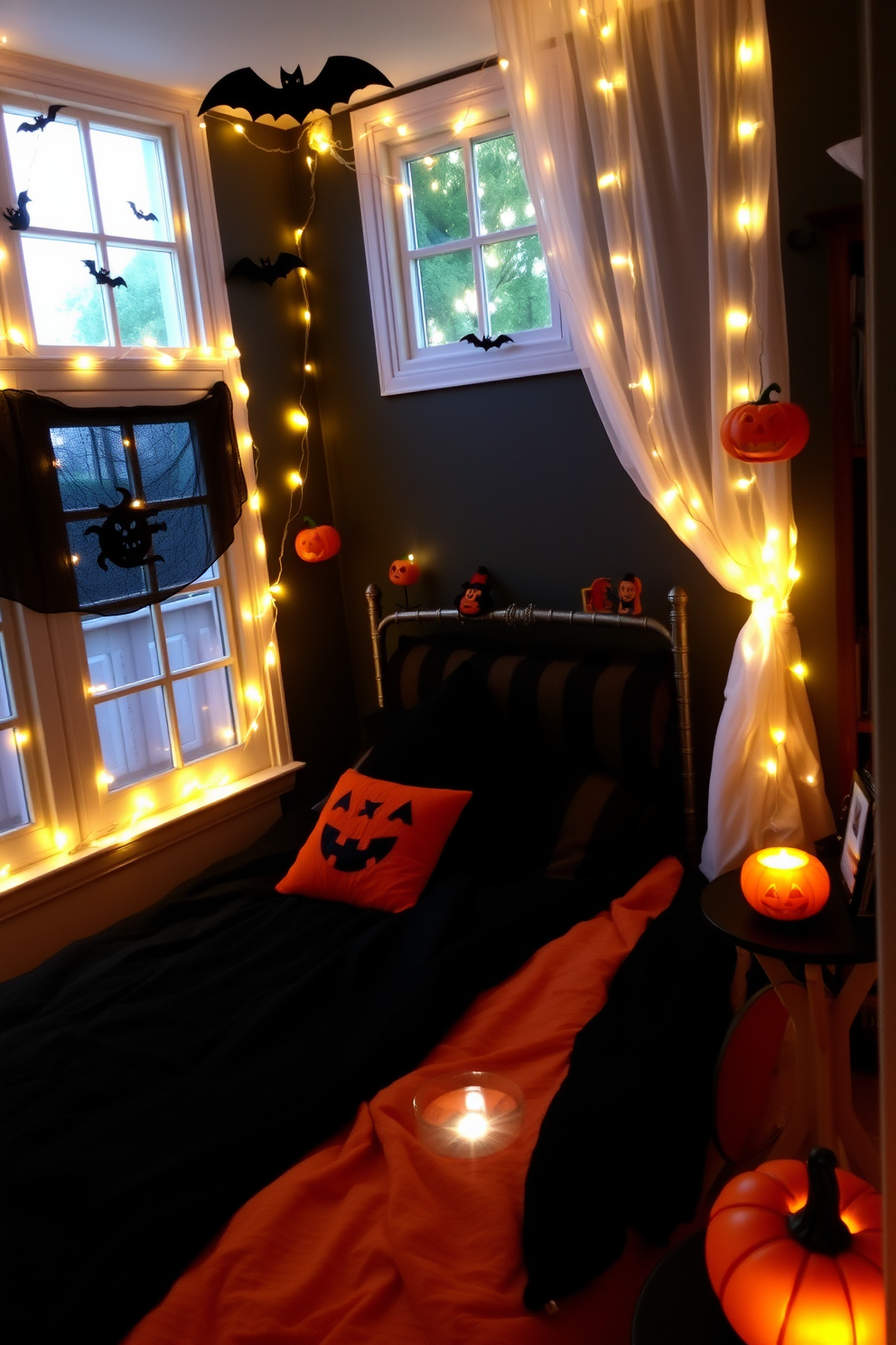 A cozy Halloween-themed bedroom features fairy lights draped elegantly around the windows, casting a warm and inviting glow. The walls are adorned with playful decorations such as bats and pumpkins, creating a festive atmosphere perfect for the season. The bed is dressed in dark orange and black linens, complemented by spooky-themed pillows. A small table beside the bed holds a carved pumpkin and a flickering candle, enhancing the Halloween spirit in the room.