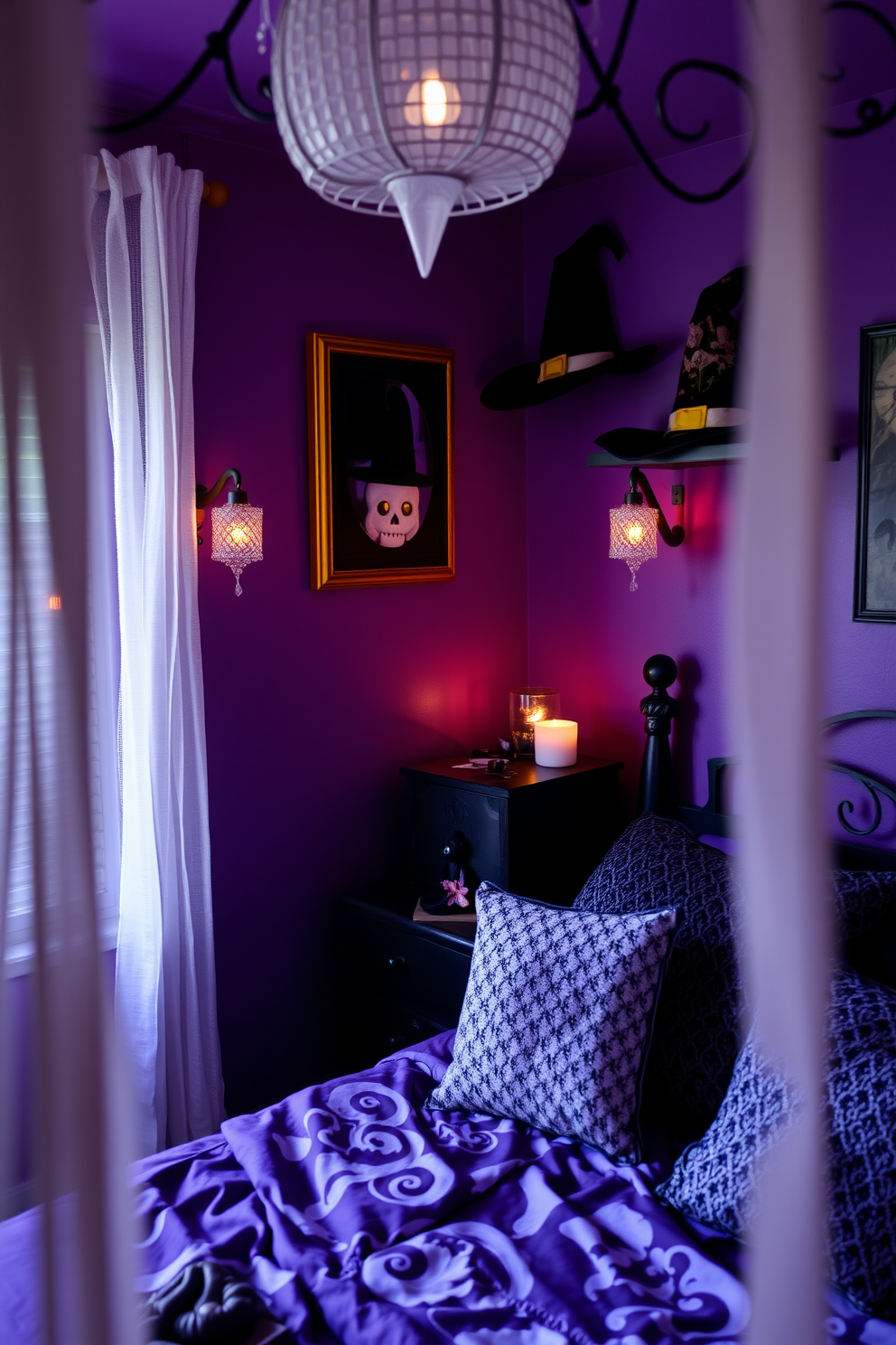 A cozy Halloween-themed bedroom adorned with witch hats as decorative accents on shelves. The walls are painted in deep purple, and soft lighting creates an enchanting atmosphere throughout the space.